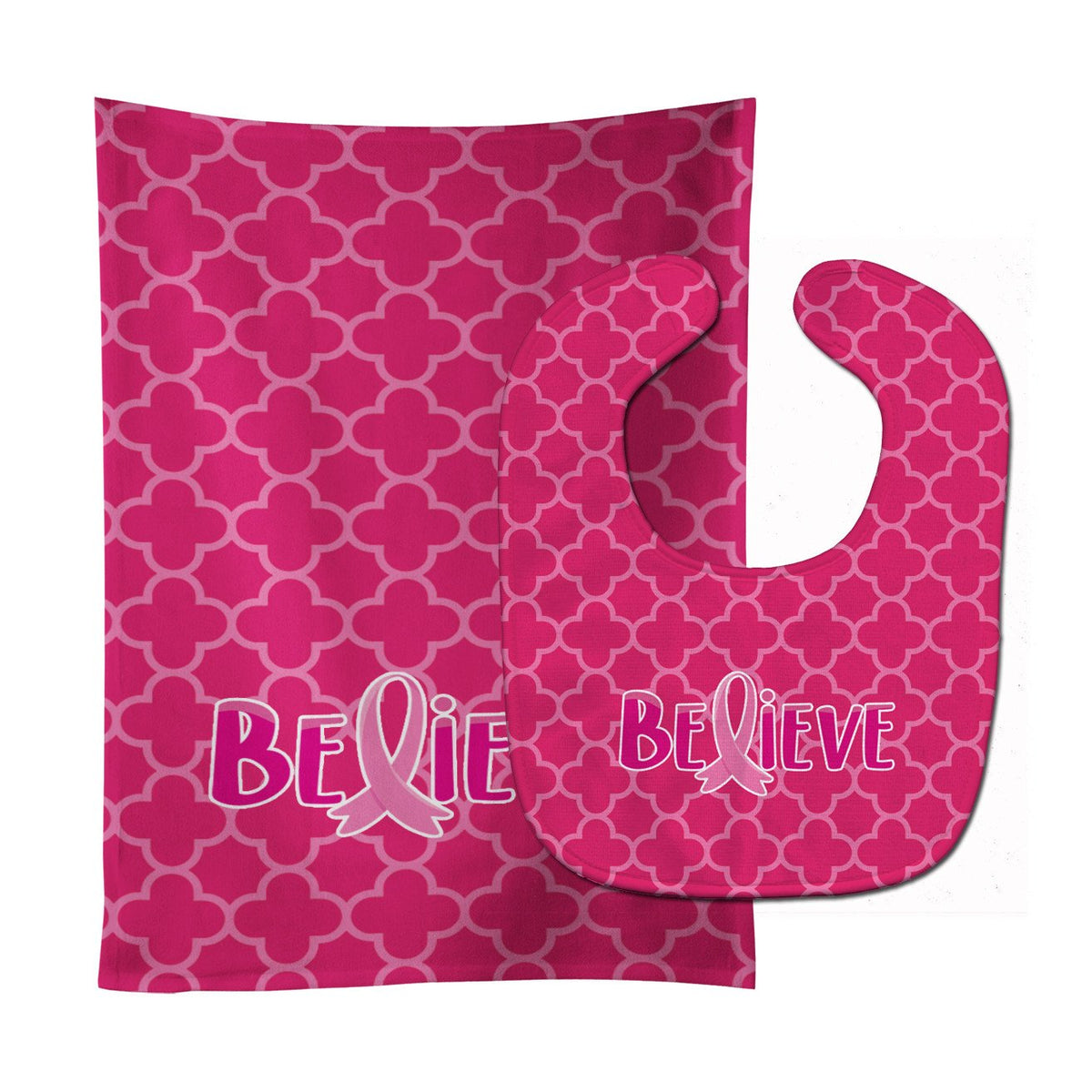 Breast Cancer Awareness Ribbon Believe Baby Bib &amp; Burp Cloth BB6980STBU by Caroline&#39;s Treasures