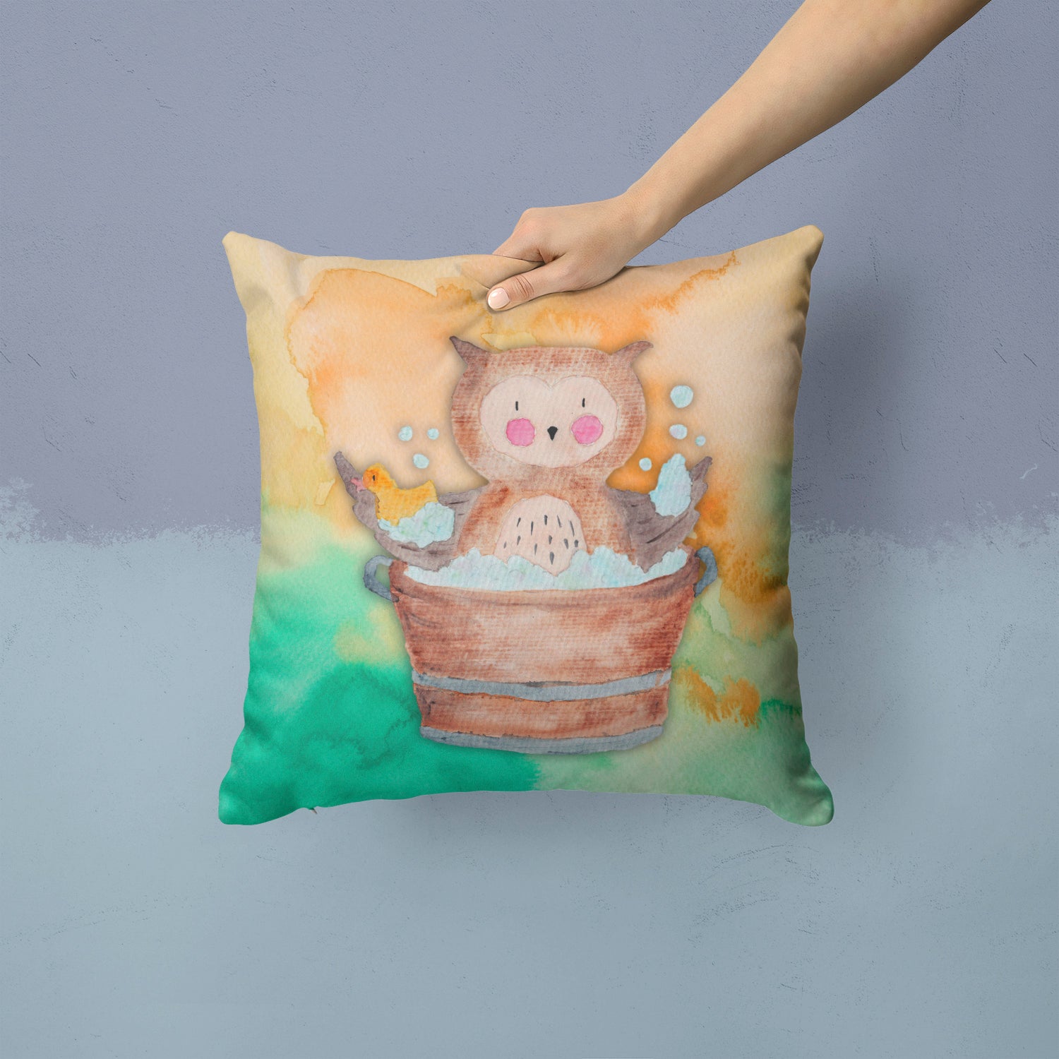 Owl Bathing Watercolor Fabric Decorative Pillow BB7342PW1414 - the-store.com