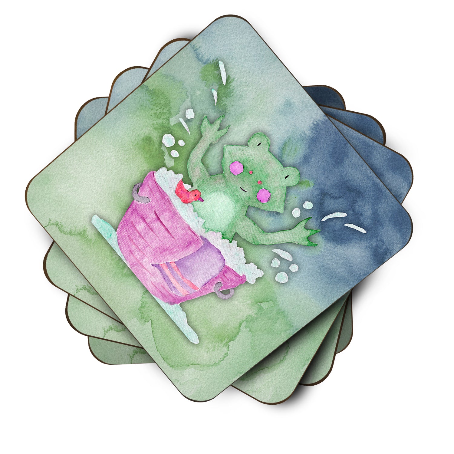 Frog Bathing Watercolor Foam Coaster Set of 4 BB7343FC - the-store.com