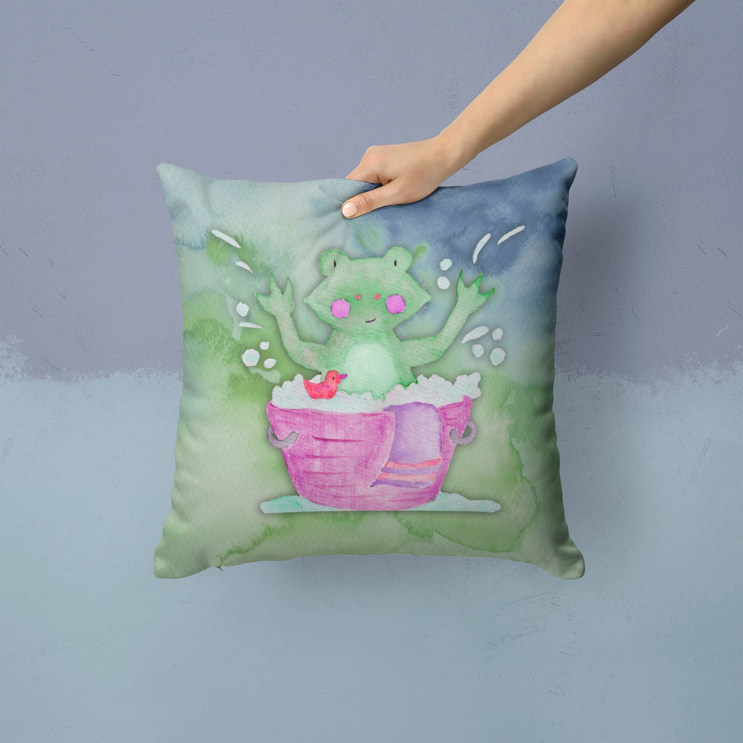 Frog Bathing Watercolor Fabric Decorative Pillow BB7343PW1414 - the-store.com