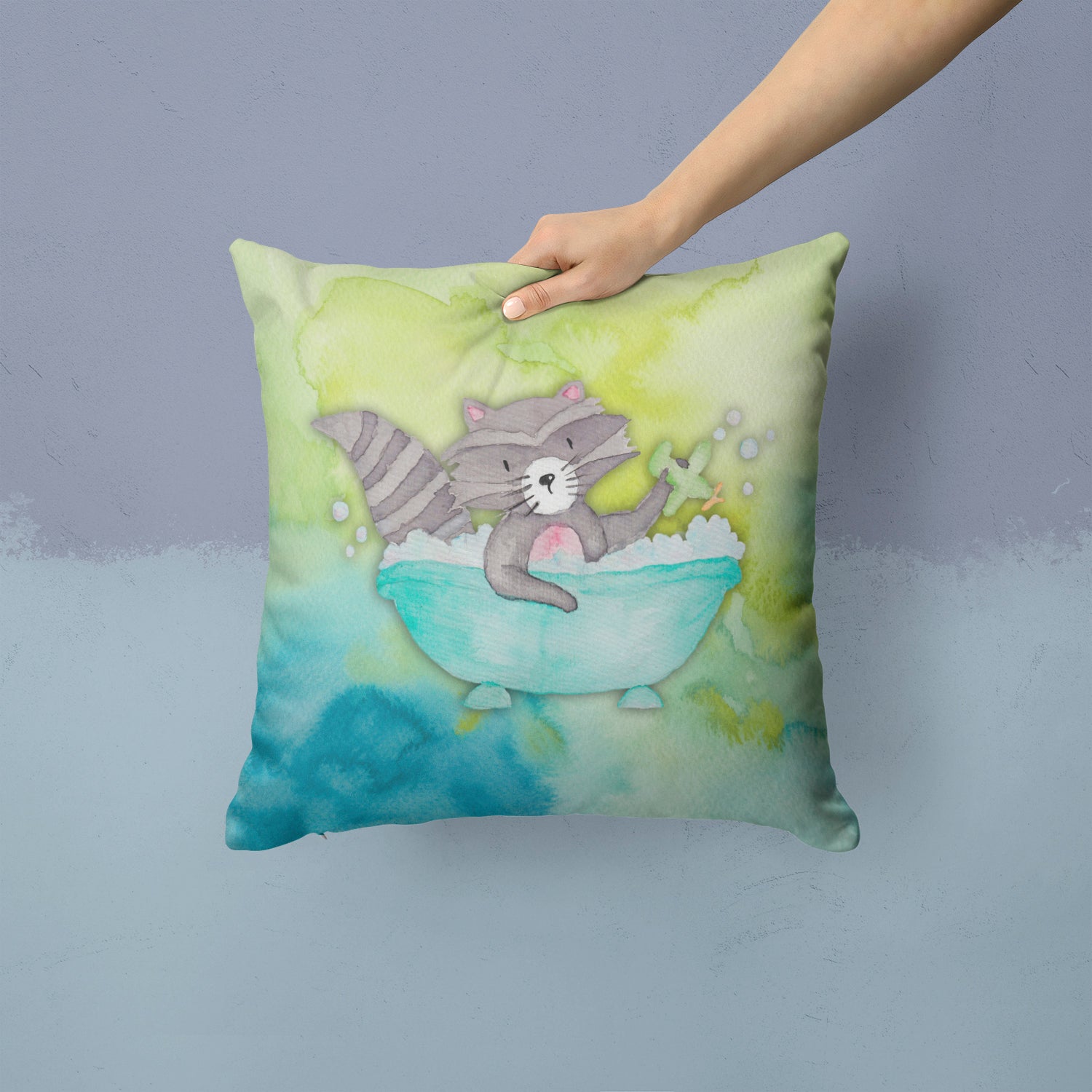Raccoon Bathing Watercolor Fabric Decorative Pillow BB7345PW1414 - the-store.com