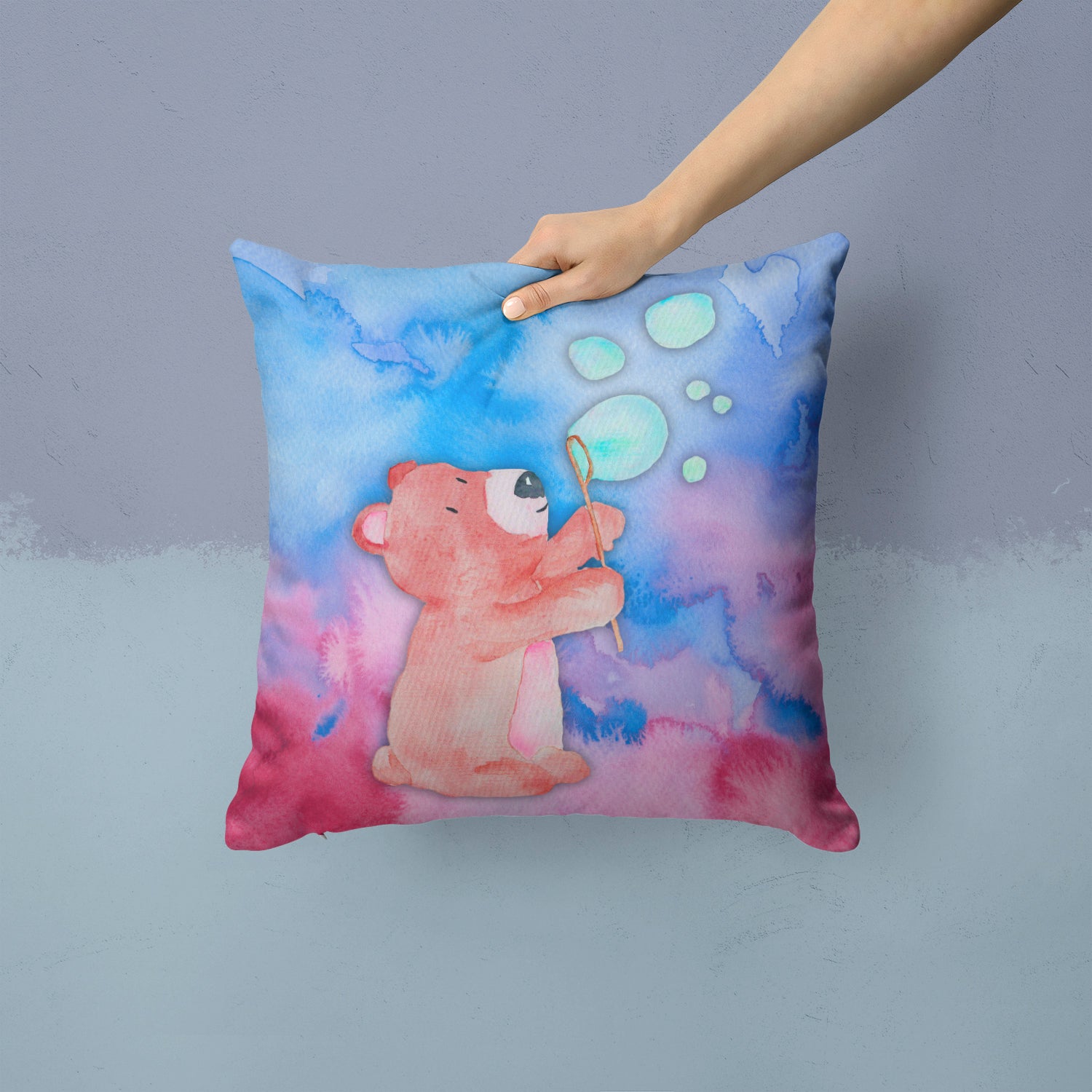 Bear and Bubbles Watercolor Fabric Decorative Pillow BB7347PW1414 - the-store.com
