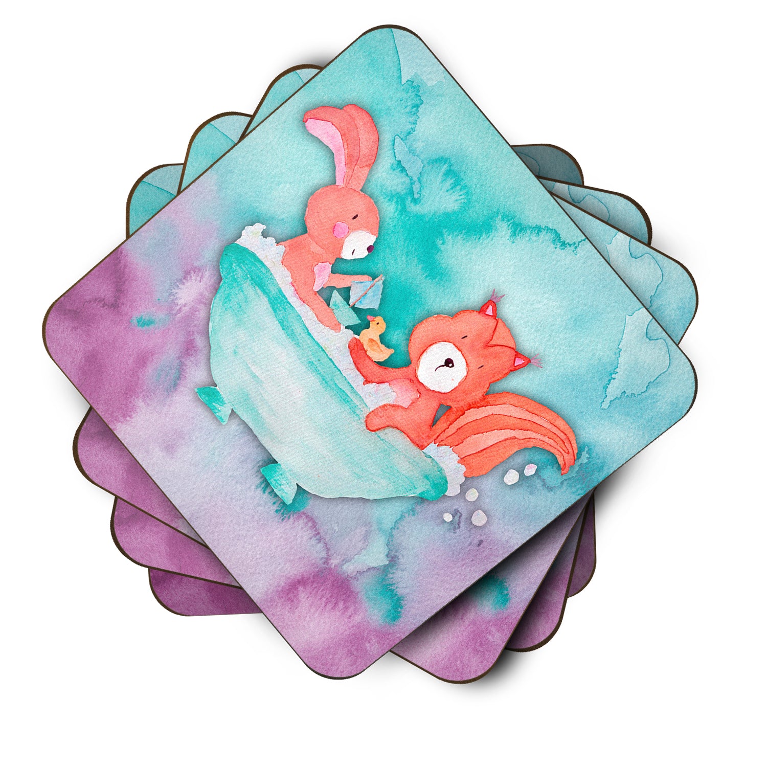 Rabbit and Squirrel Bathing Watercolor Foam Coaster Set of 4 BB7348FC - the-store.com