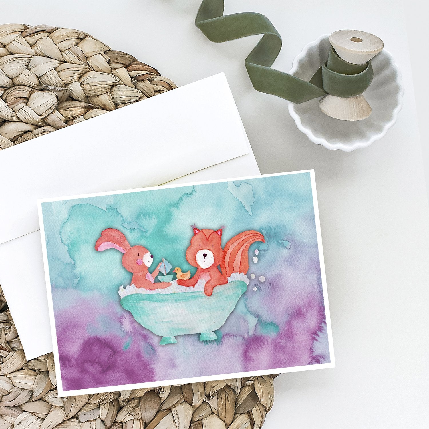 Buy this Rabbit and Squirrel Bathing Watercolor Greeting Cards and Envelopes Pack of 8