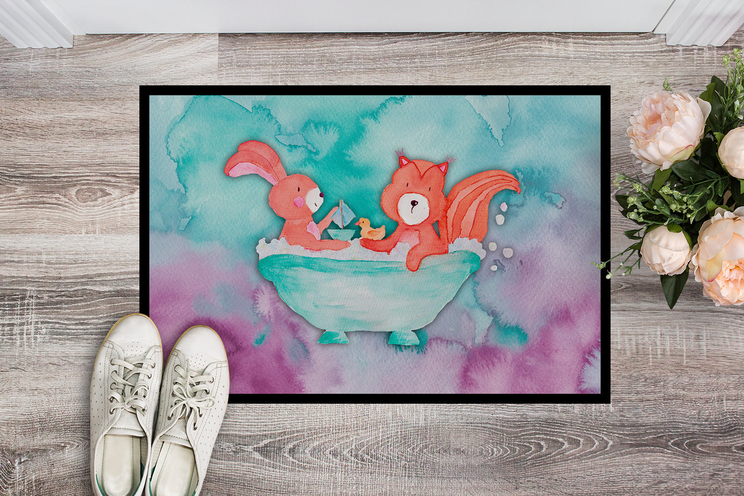 Rabbit and Squirrel Bathing Watercolor Indoor or Outdoor Mat 18x27 BB7348MAT - the-store.com