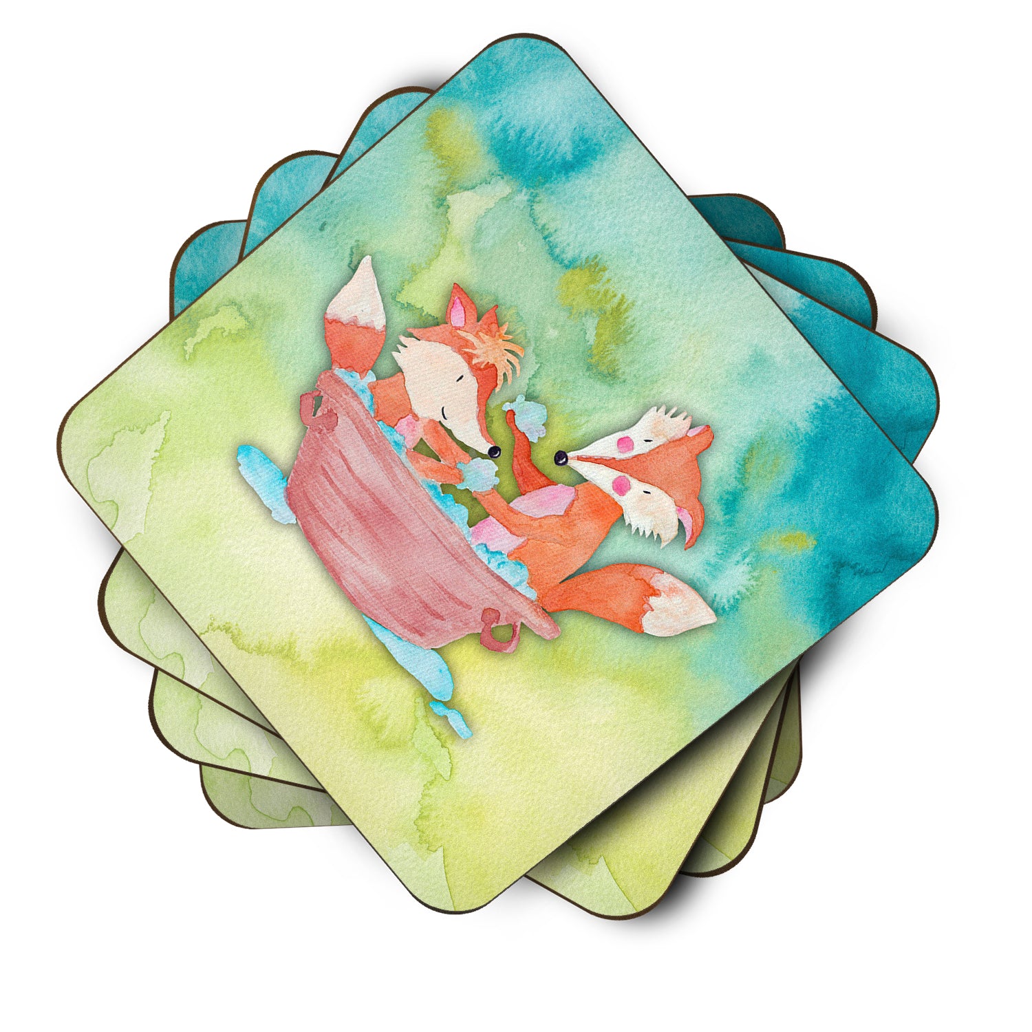 Foxes Bathing Watercolor Foam Coaster Set of 4 BB7350FC - the-store.com
