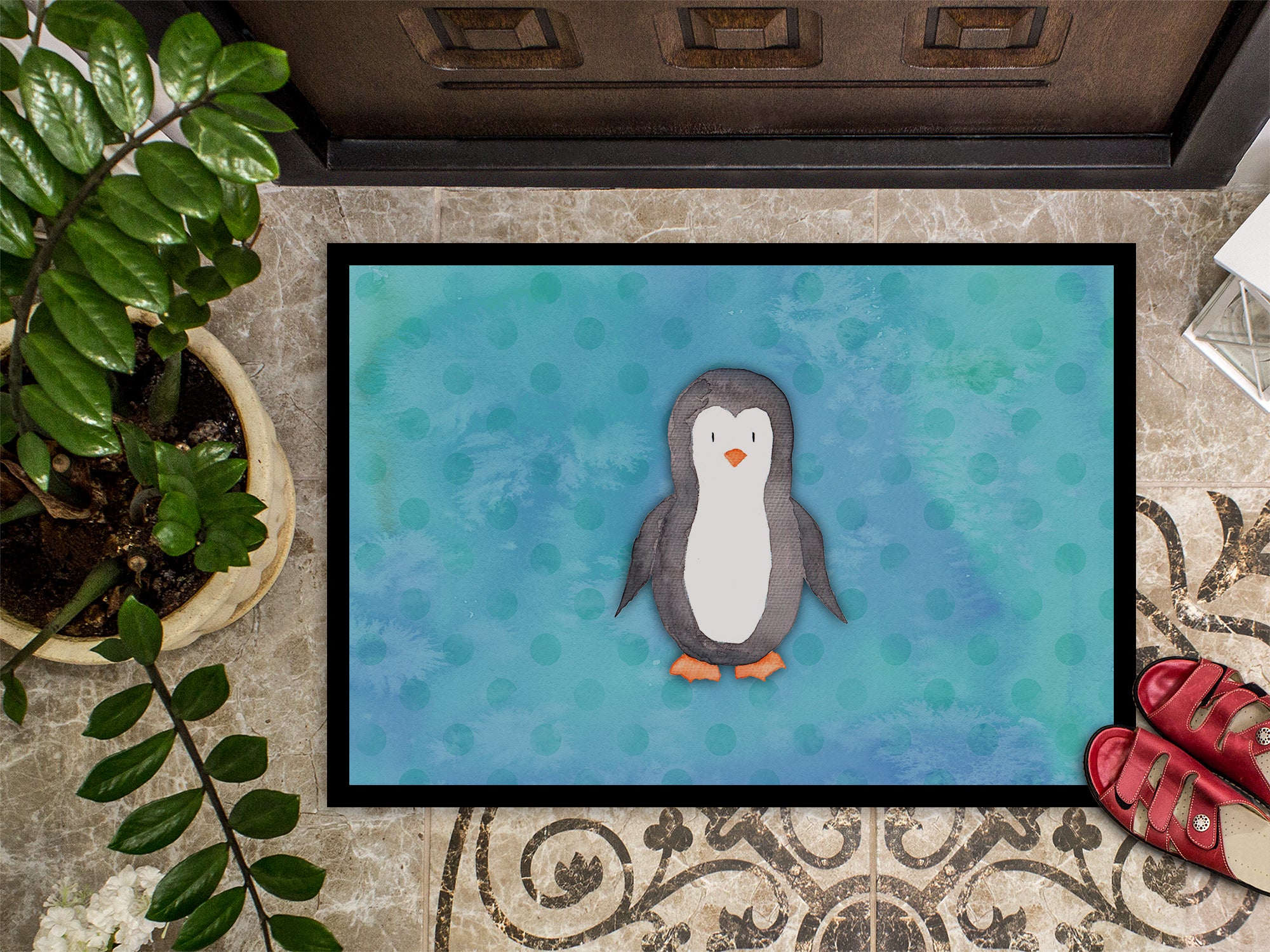 Polkadot Penguin Watercolor Indoor or Outdoor Mat 18x27 BB7376MAT - the-store.com