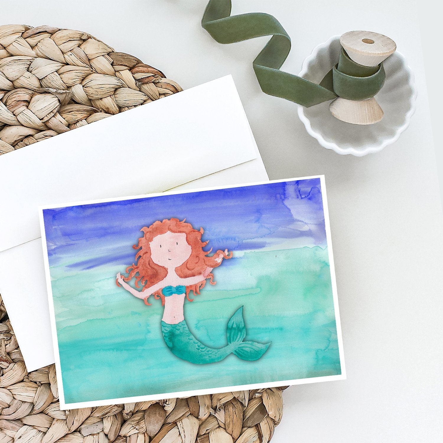Ginger Mermaid Watercolor Greeting Cards and Envelopes Pack of 8 - the-store.com