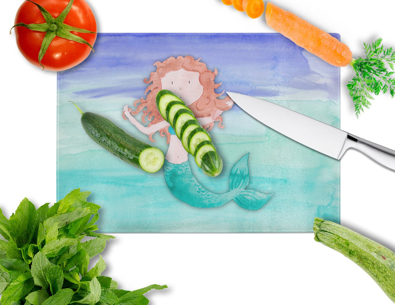 Ginger Mermaid Watercolor Glass Cutting Board Large BB7421LCB by Caroline's Treasures