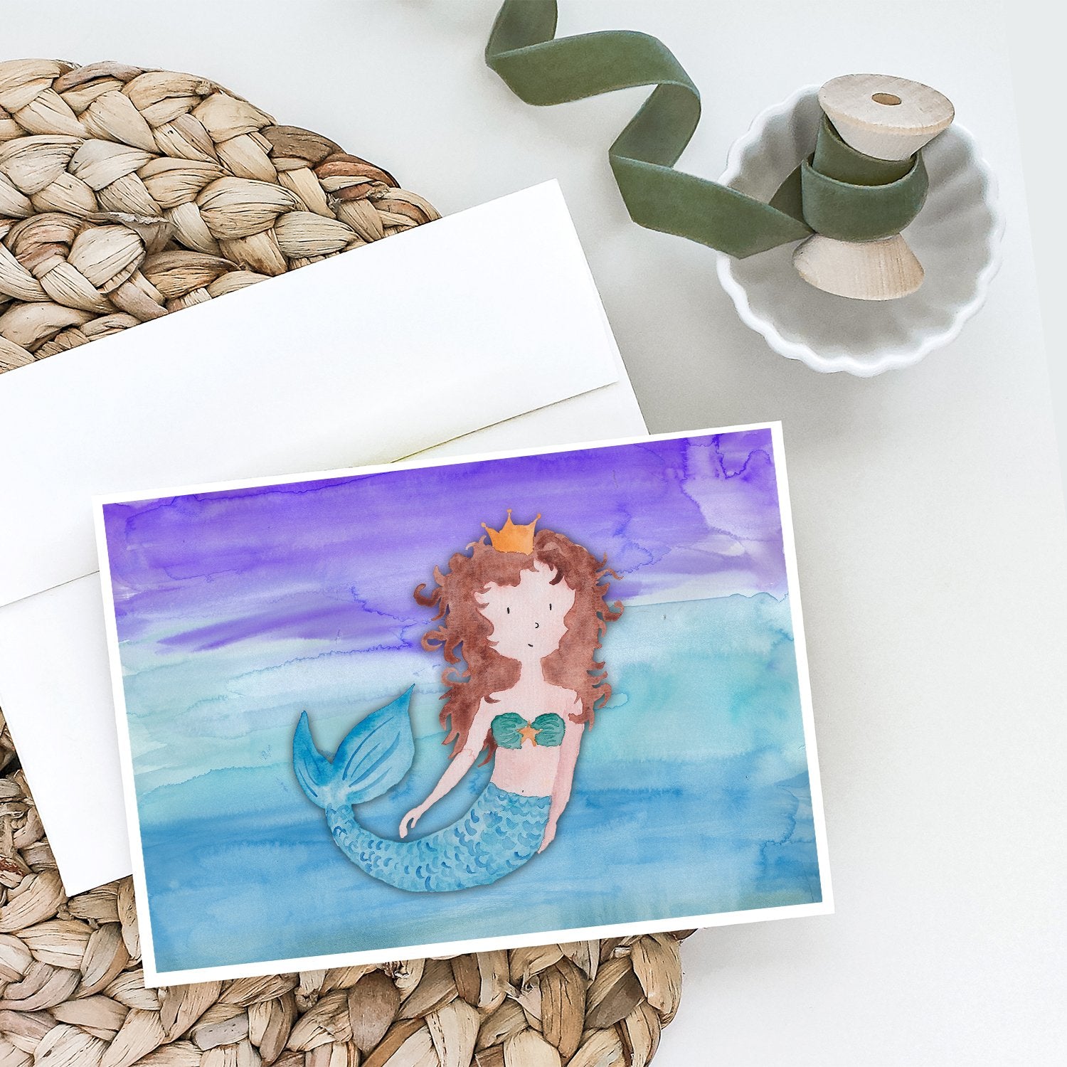 Brunette Mermaid Watercolor Greeting Cards and Envelopes Pack of 8 - the-store.com