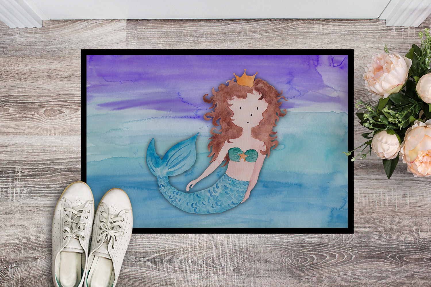 Brunette Mermaid Watercolor Indoor or Outdoor Mat 18x27 BB7422MAT - the-store.com