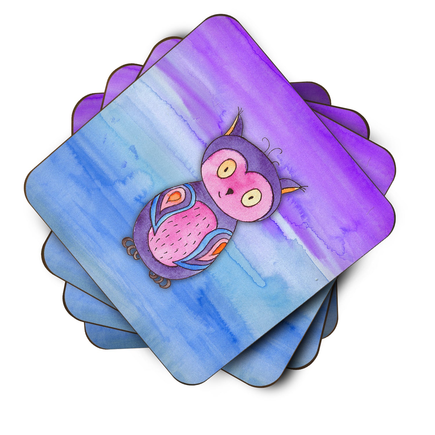 Pink and Purple Owl Watercolor Foam Coaster Set of 4 BB7427FC - the-store.com
