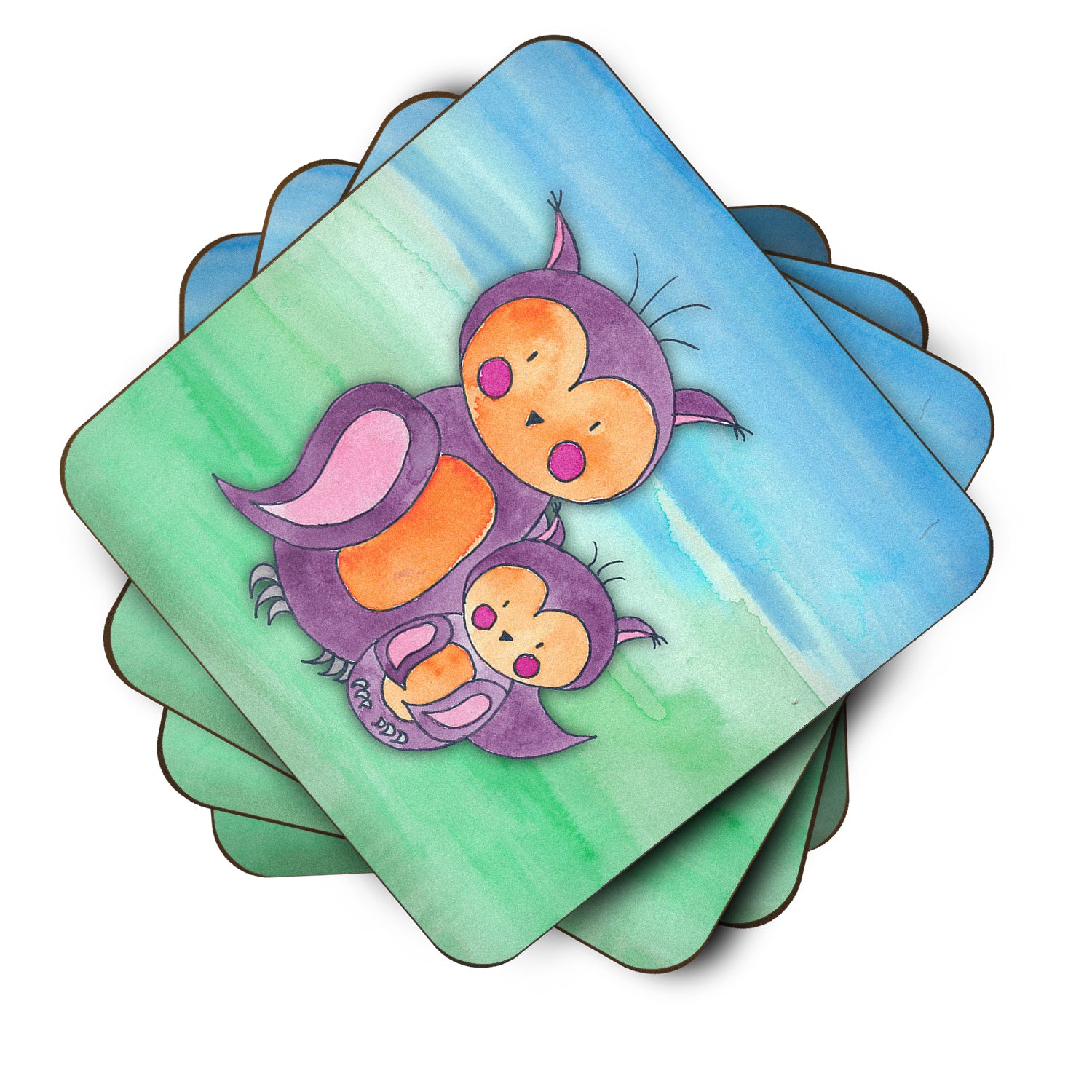 Momma and Baby Owl Watercolor Foam Coaster Set of 4 BB7430FC - the-store.com