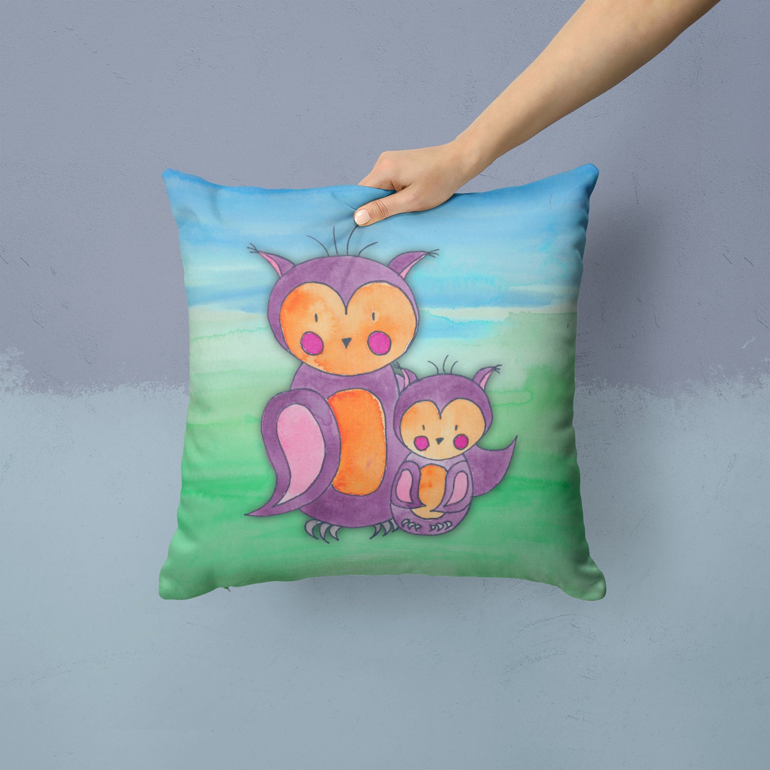 Momma and Baby Owl Watercolor Fabric Decorative Pillow BB7430PW1414 - the-store.com