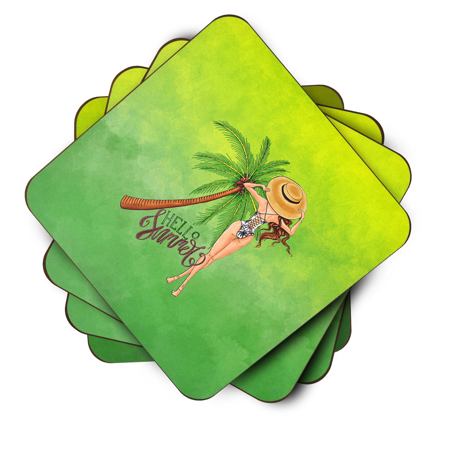Hello Summer Lady in Swimsuit Foam Coaster Set of 4 BB7452FC - the-store.com