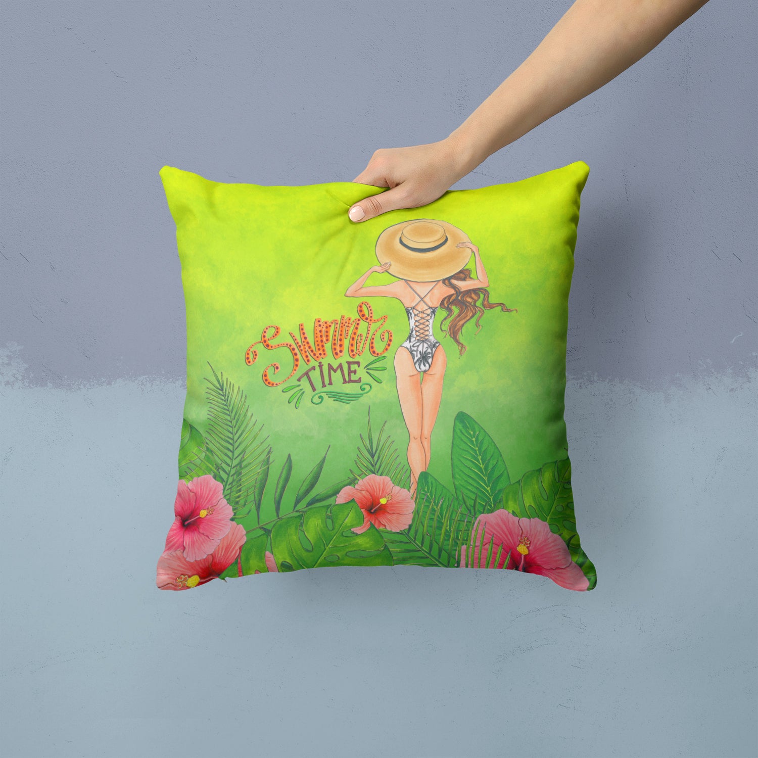 Summer Time Lady in Swimsuit Fabric Decorative Pillow BB7455PW1414 - the-store.com
