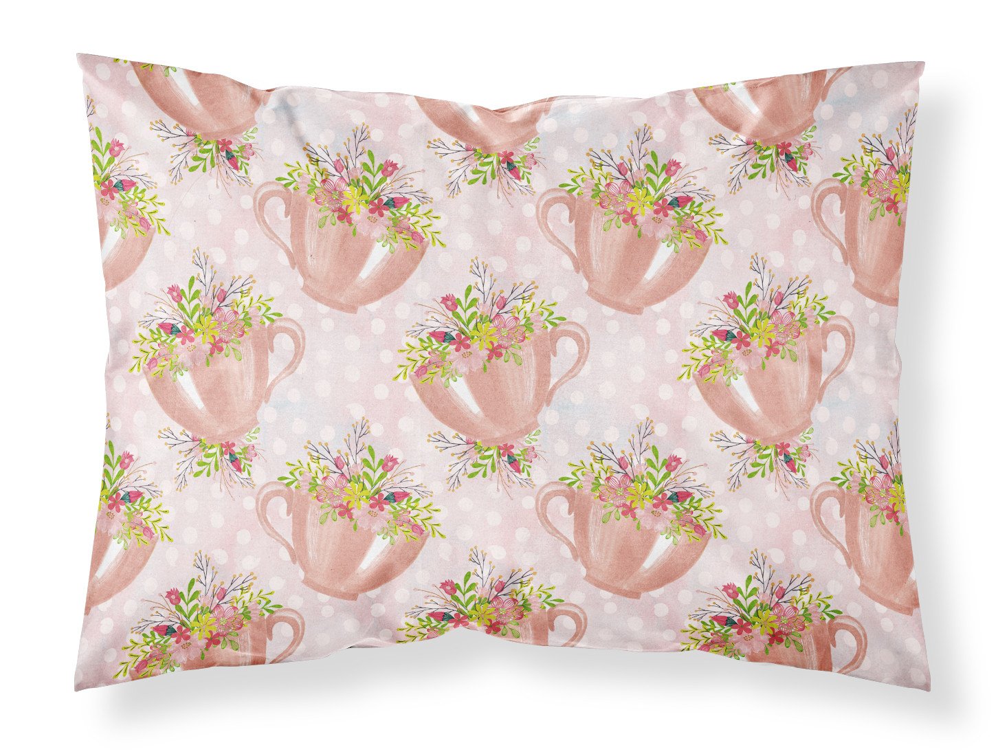 Tea Cup and Flowers Pink Fabric Standard Pillowcase BB7481PILLOWCASE by Caroline's Treasures