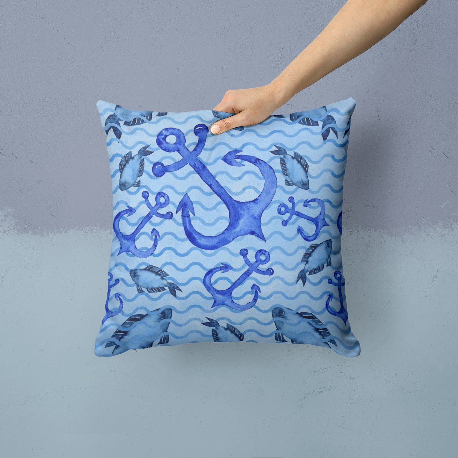 Beach Watercolor Anchors and Fish Fabric Decorative Pillow BB7534PW1414 - the-store.com
