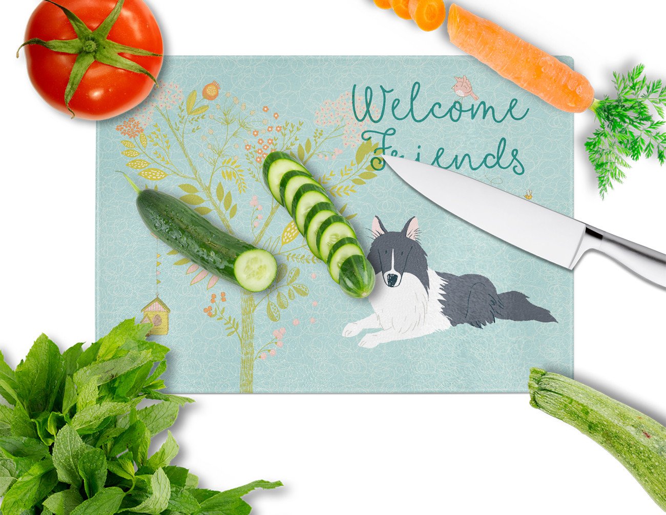 Welcome Friends Black White Collie Glass Cutting Board Large BB7583LCB by Caroline's Treasures