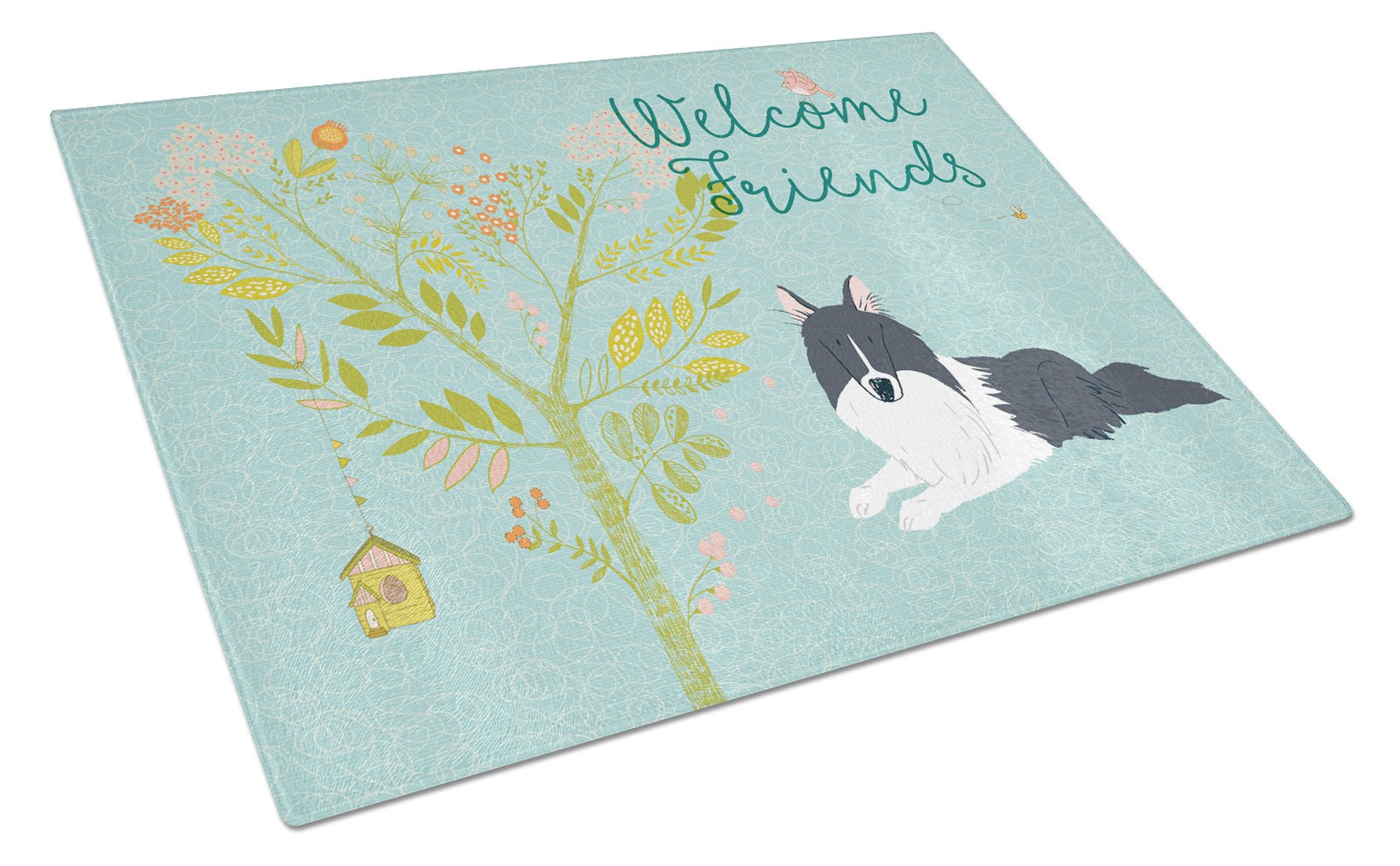 Welcome Friends Black White Collie Glass Cutting Board Large BB7583LCB by Caroline's Treasures