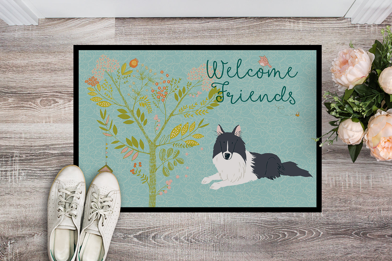 Welcome Friends Black White Collie Indoor or Outdoor Mat 18x27 BB7583MAT - the-store.com