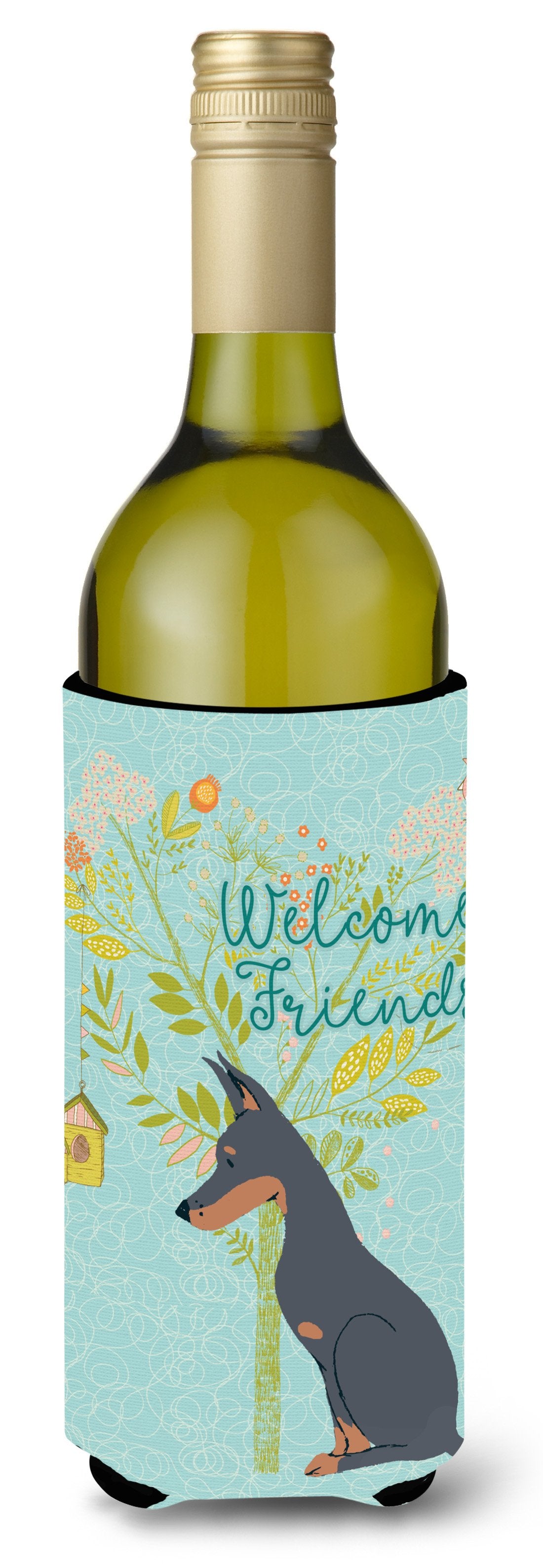 Welcome Friends Doberman Pinscher Wine Bottle Beverge Insulator Hugger BB7586LITERK by Caroline's Treasures