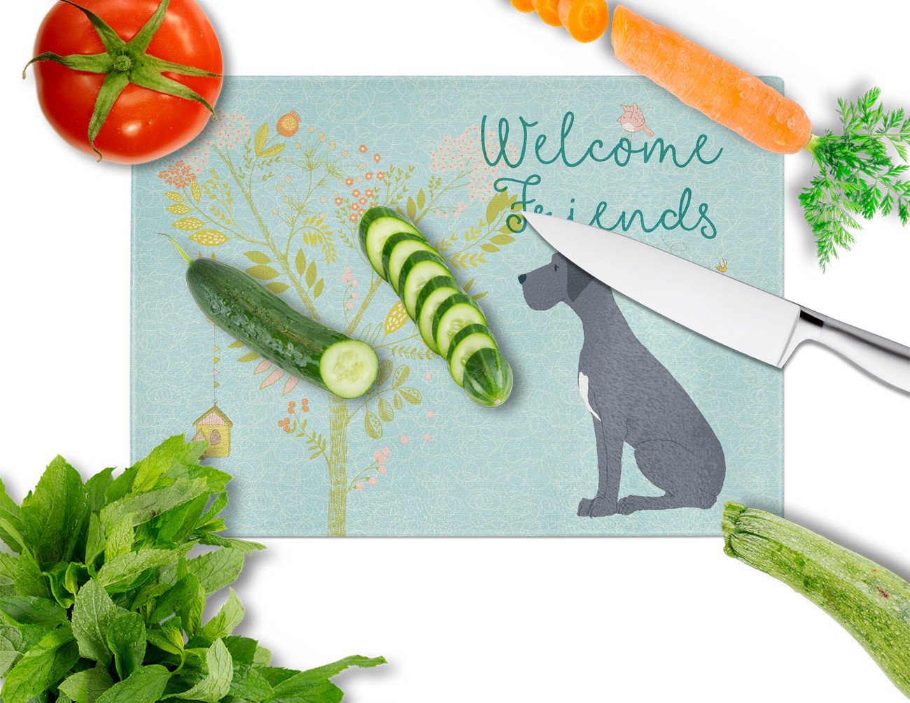 Welcome Friends Black Great Dane Glass Cutting Board Large BB7587LCB by Caroline's Treasures