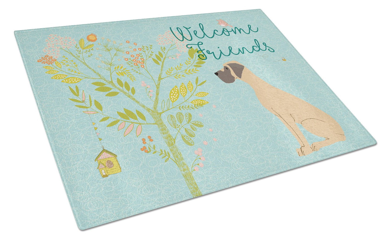 Welcome Friends Fawn Great Dane Natural Ears Glass Cutting Board Large BB7588LCB by Caroline's Treasures