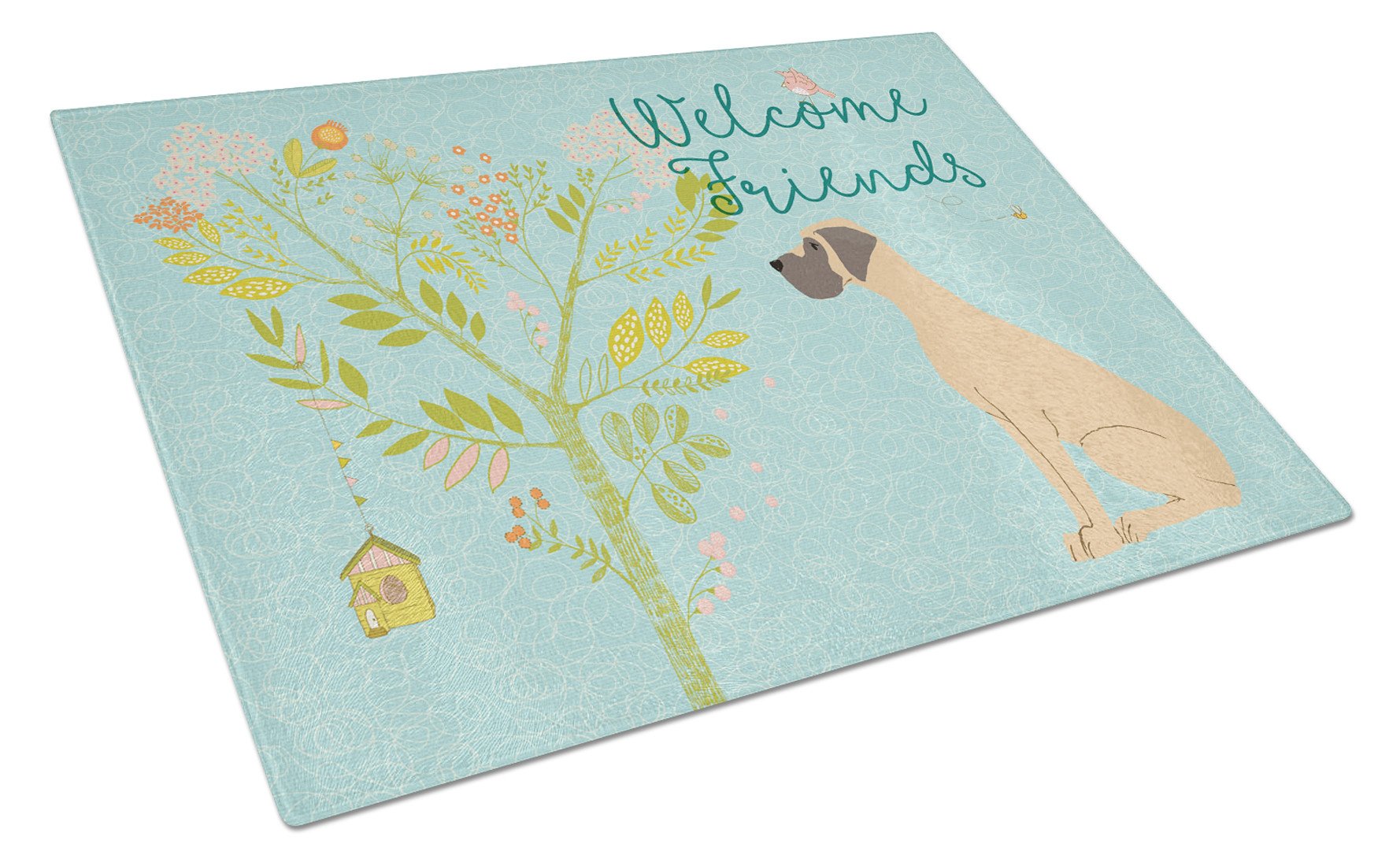 Welcome Friends Fawn Great Dane Natural Ears Glass Cutting Board Large BB7588LCB by Caroline's Treasures