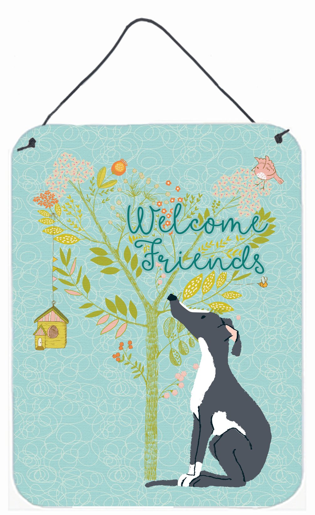 Welcome Friends Black White Greyhound Wall or Door Hanging Prints BB7592DS1216 by Caroline's Treasures
