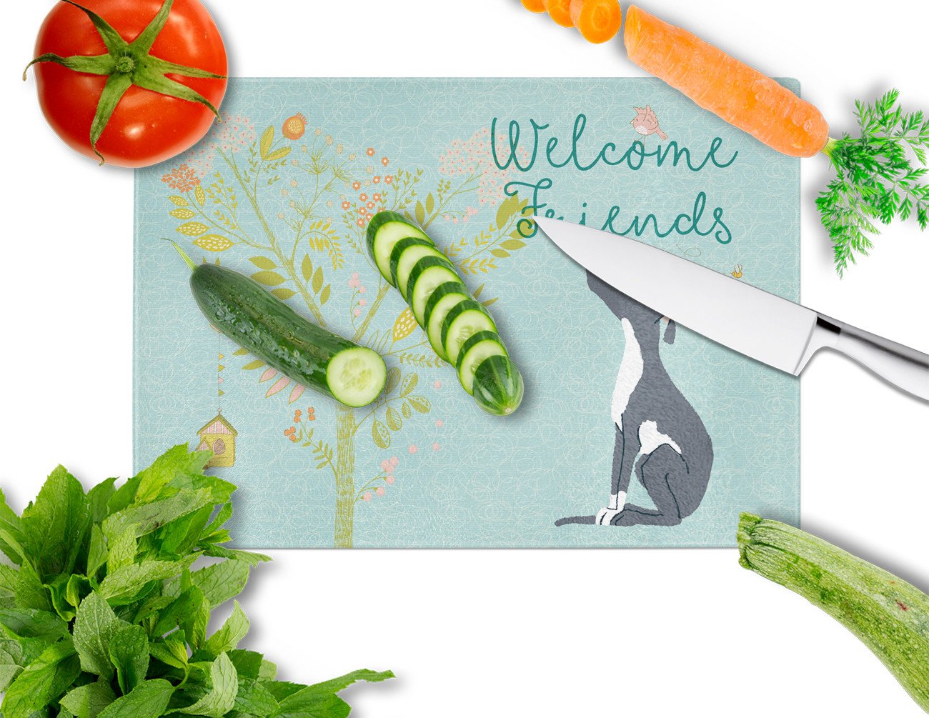 Welcome Friends Black White Greyhound Glass Cutting Board Large BB7592LCB by Caroline's Treasures