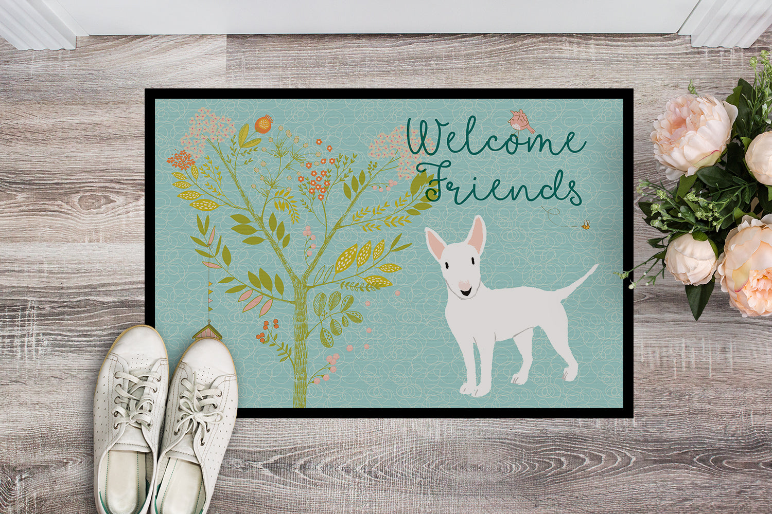Welcome Friends White Bull Terrier Indoor or Outdoor Mat 18x27 BB7606MAT - the-store.com