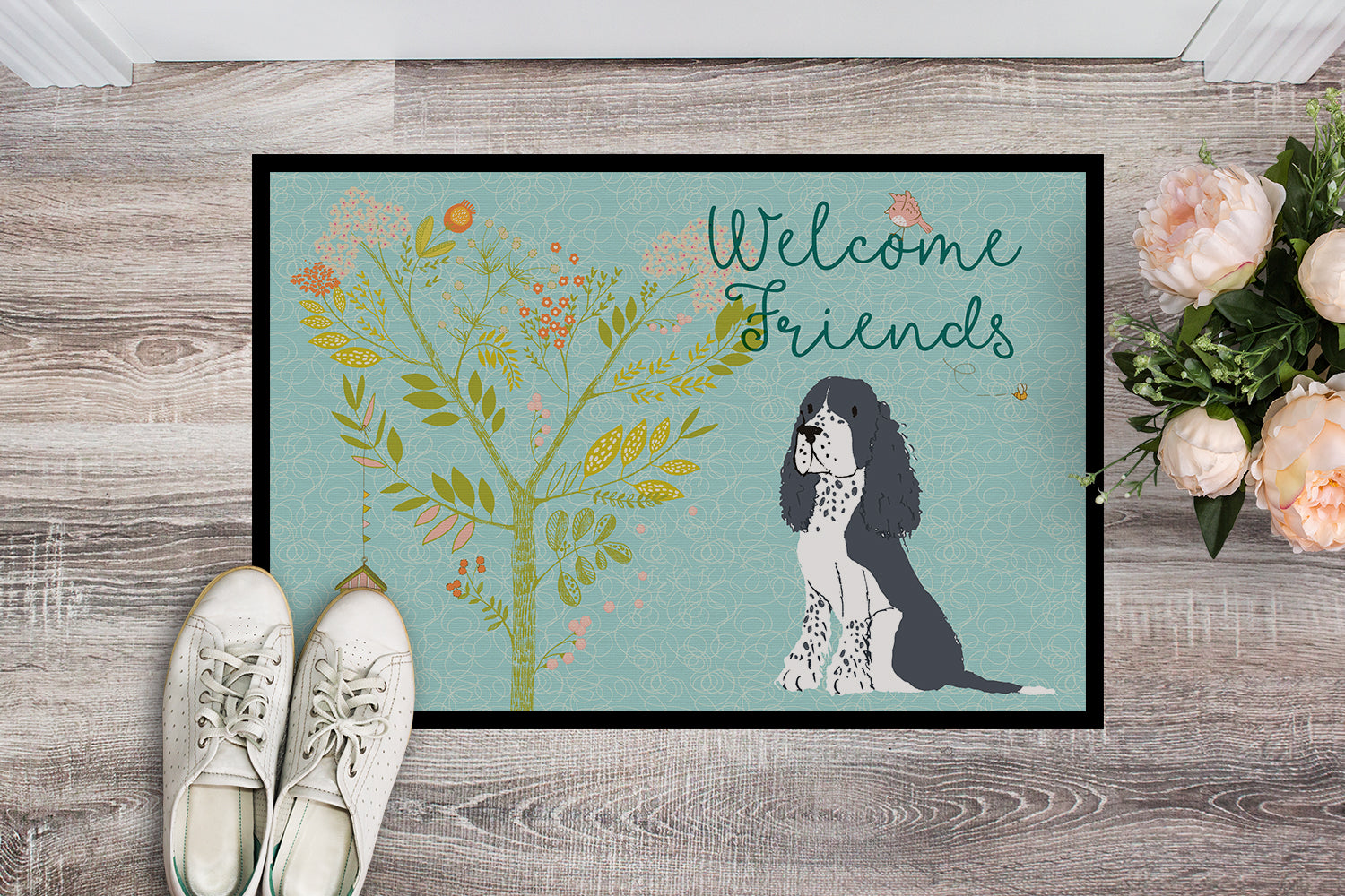 Welcome Friends Black Springer Spaniel Indoor or Outdoor Mat 18x27 BB7621MAT - the-store.com