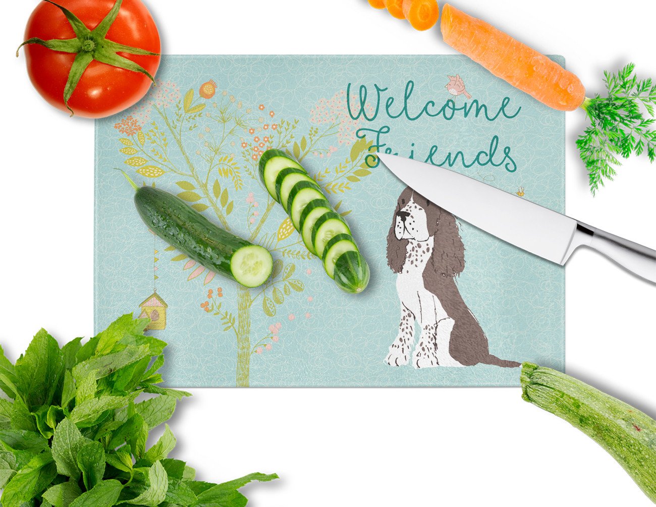 Welcome Friends Brown Springer Spaniel Glass Cutting Board Large BB7622LCB by Caroline's Treasures
