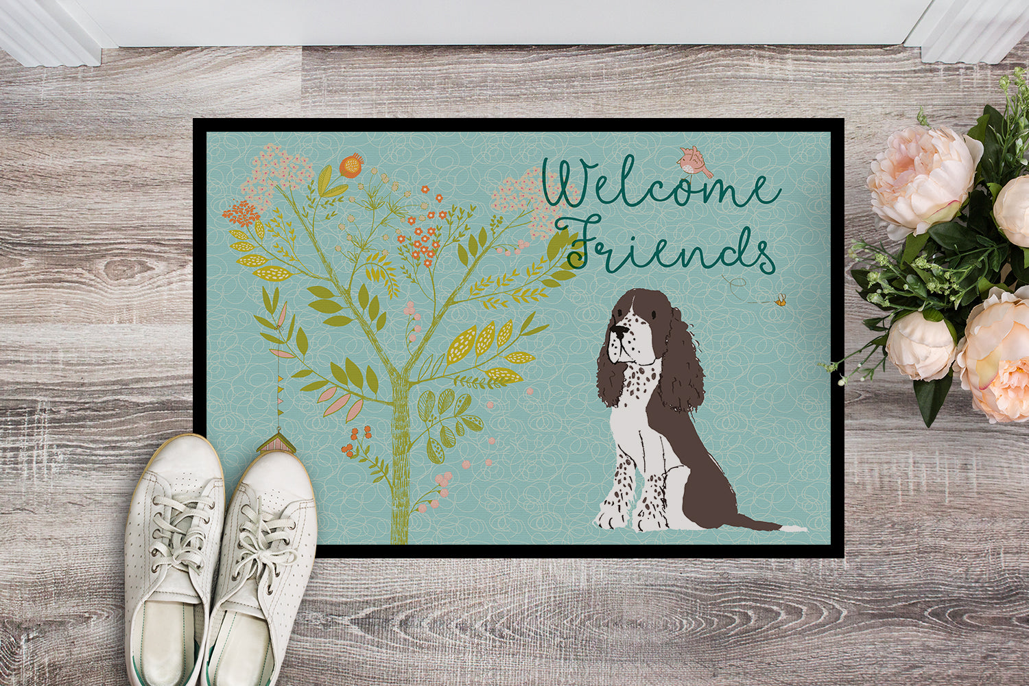 Welcome Friends Brown Springer Spaniel Indoor or Outdoor Mat 18x27 BB7622MAT - the-store.com