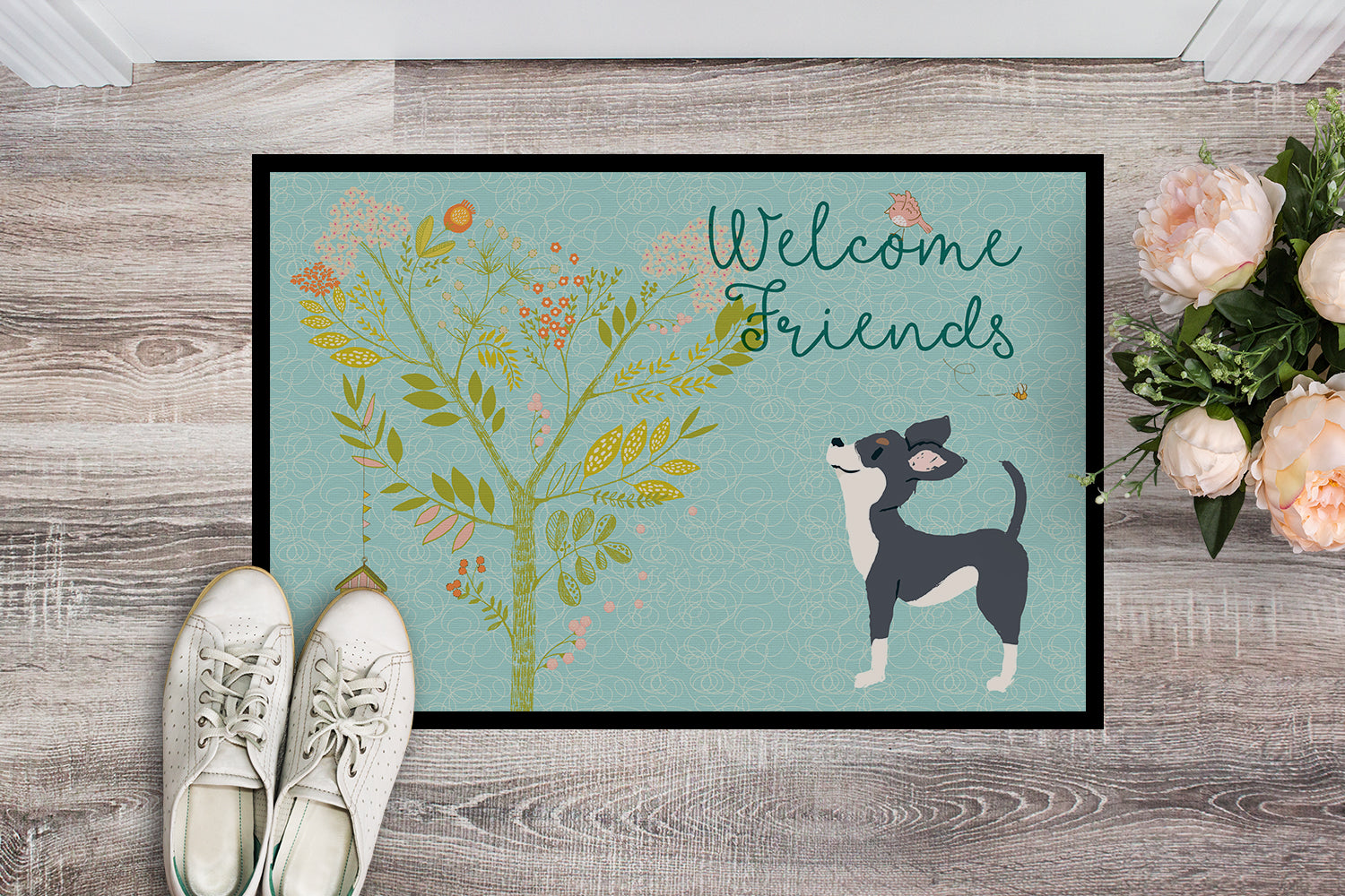 Welcome Friends Black White Chihuahua Indoor or Outdoor Mat 18x27 BB7627MAT - the-store.com
