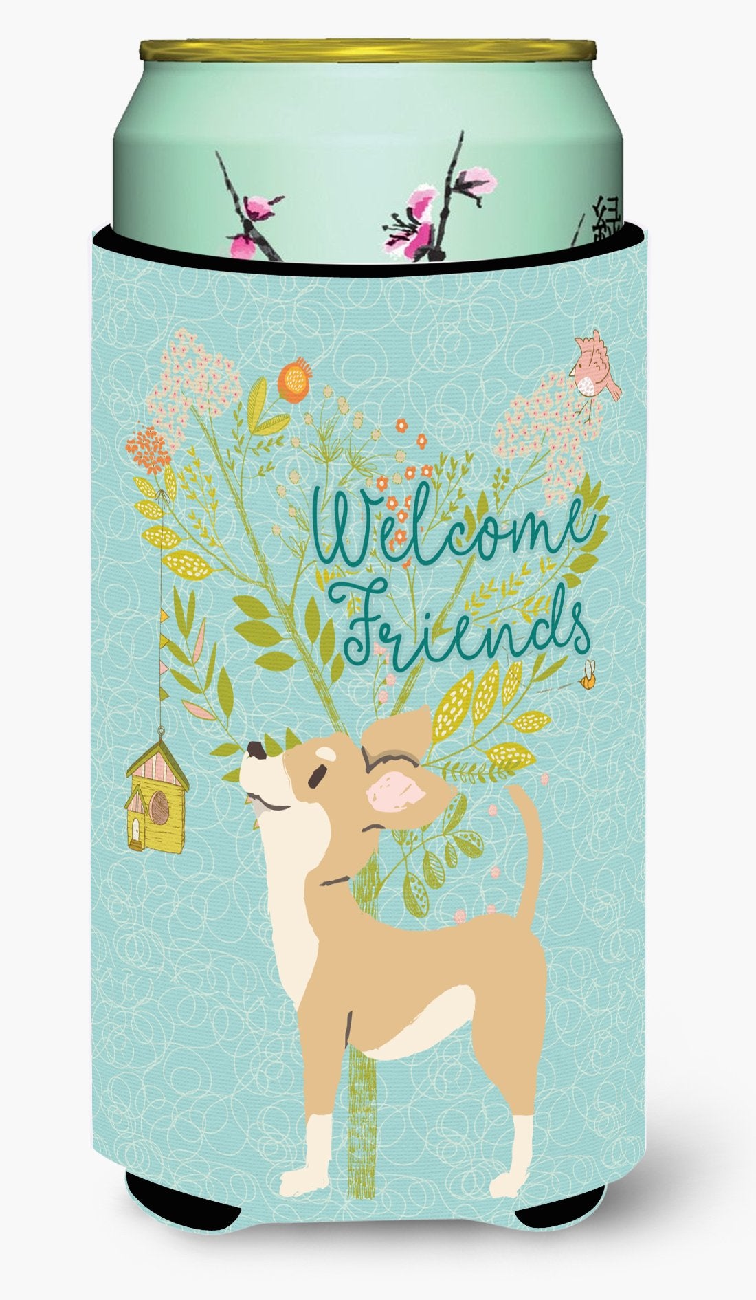 Welcome Friends Brown White Chihuahua Tall Boy Beverage Insulator Hugger BB7628TBC by Caroline's Treasures