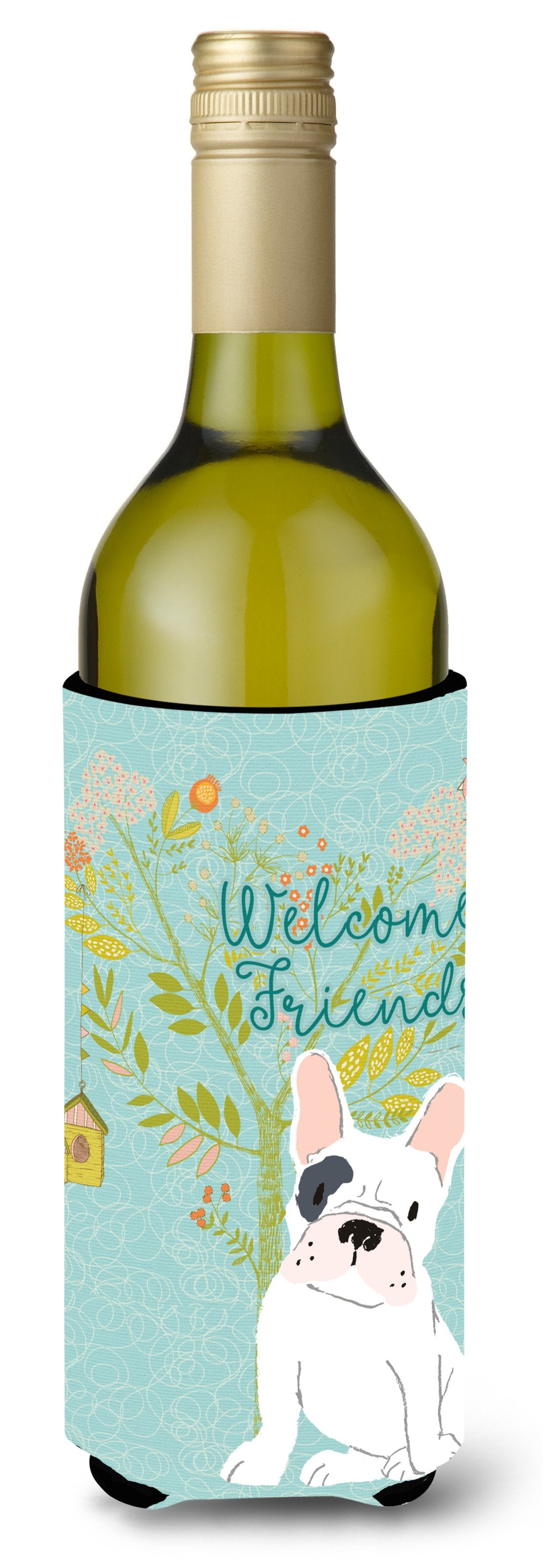 Welcome Friends Piebald French Bulldog Wine Bottle Beverge Insulator Hugger BB7634LITERK by Caroline's Treasures