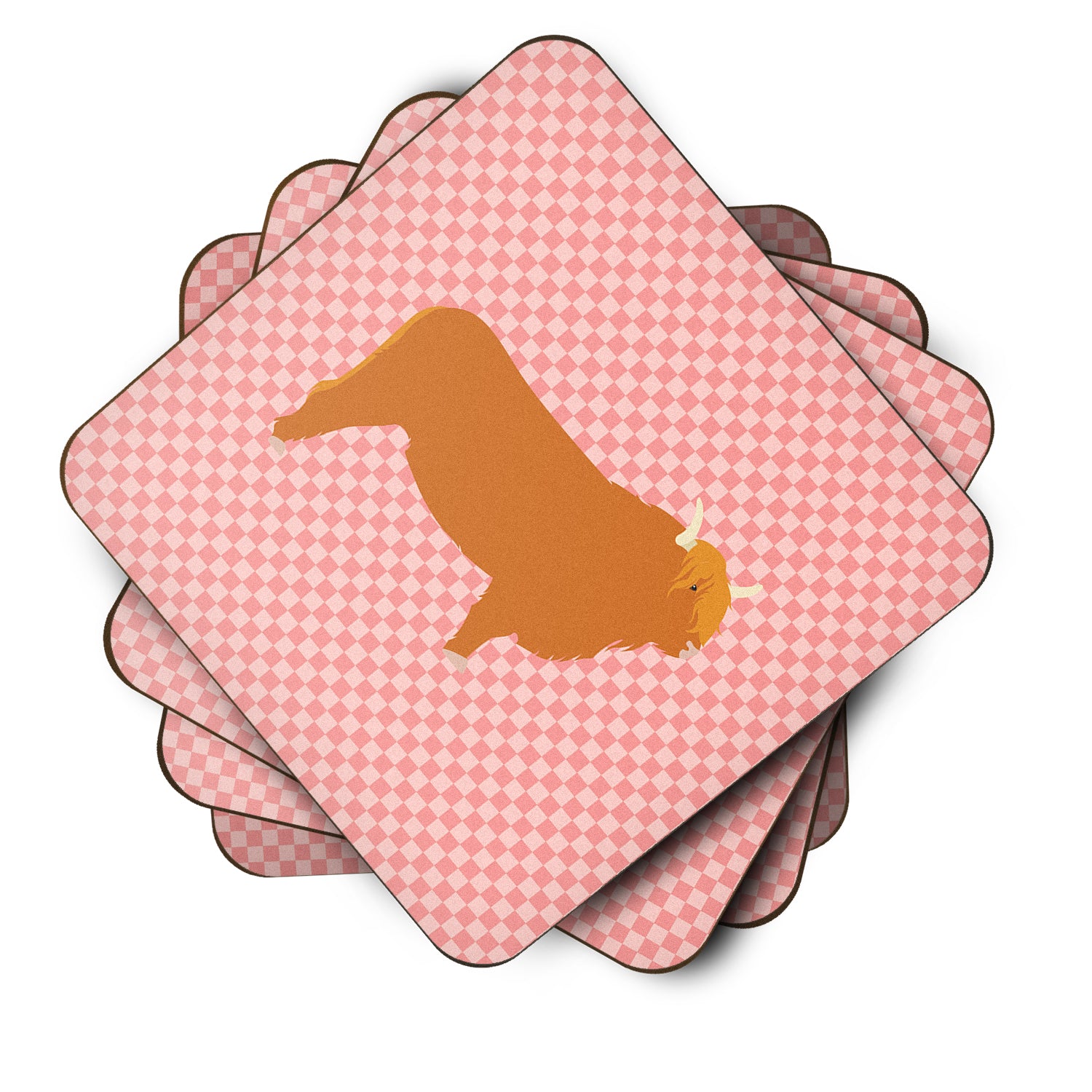 Highland Cow Pink Check Foam Coaster Set of 4 BB7820FC - the-store.com