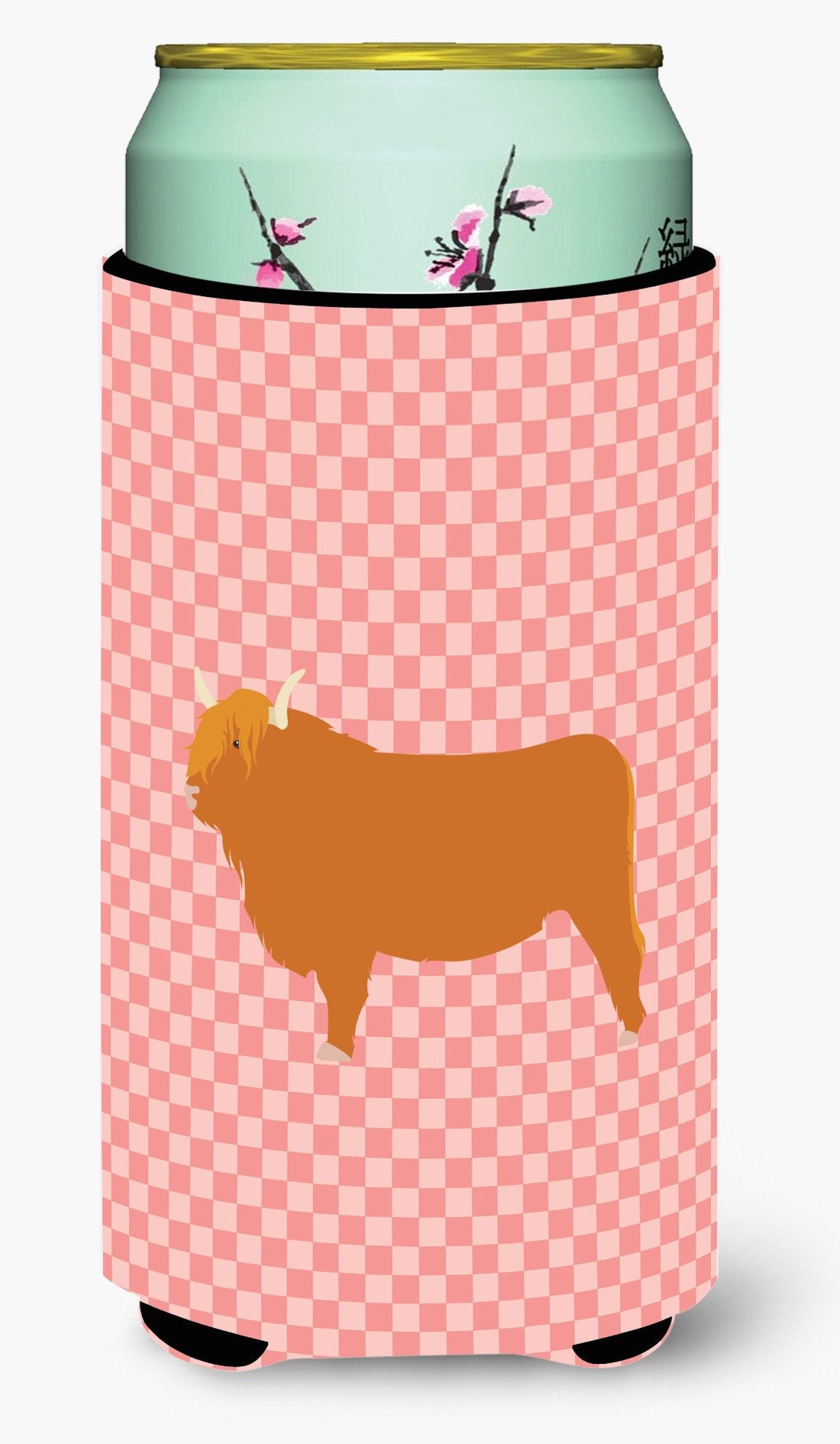 Highland Cow Pink Check Tall Boy Beverage Insulator Hugger BB7820TBC by Caroline's Treasures