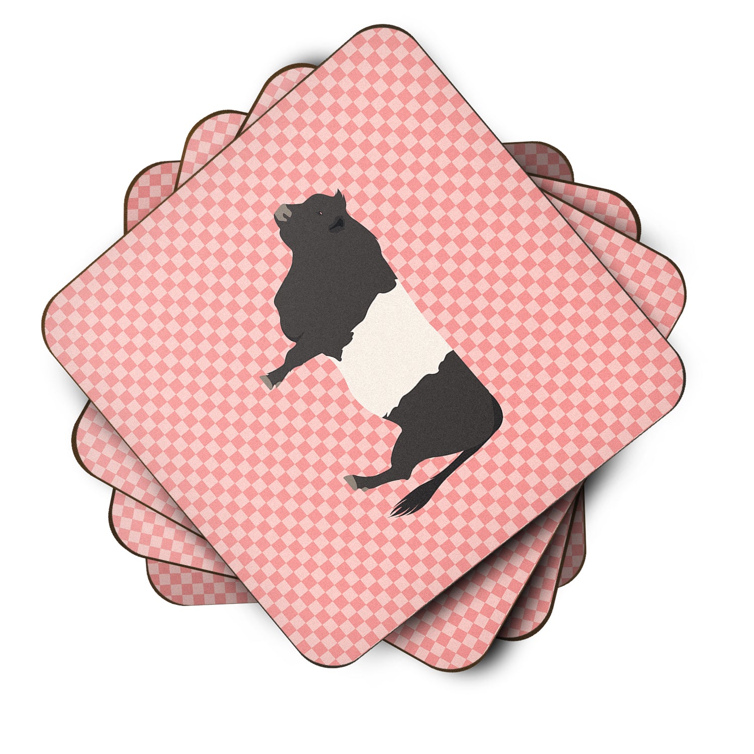 Belted Galloway Cow Pink Check Foam Coaster Set of 4 BB7831FC - the-store.com