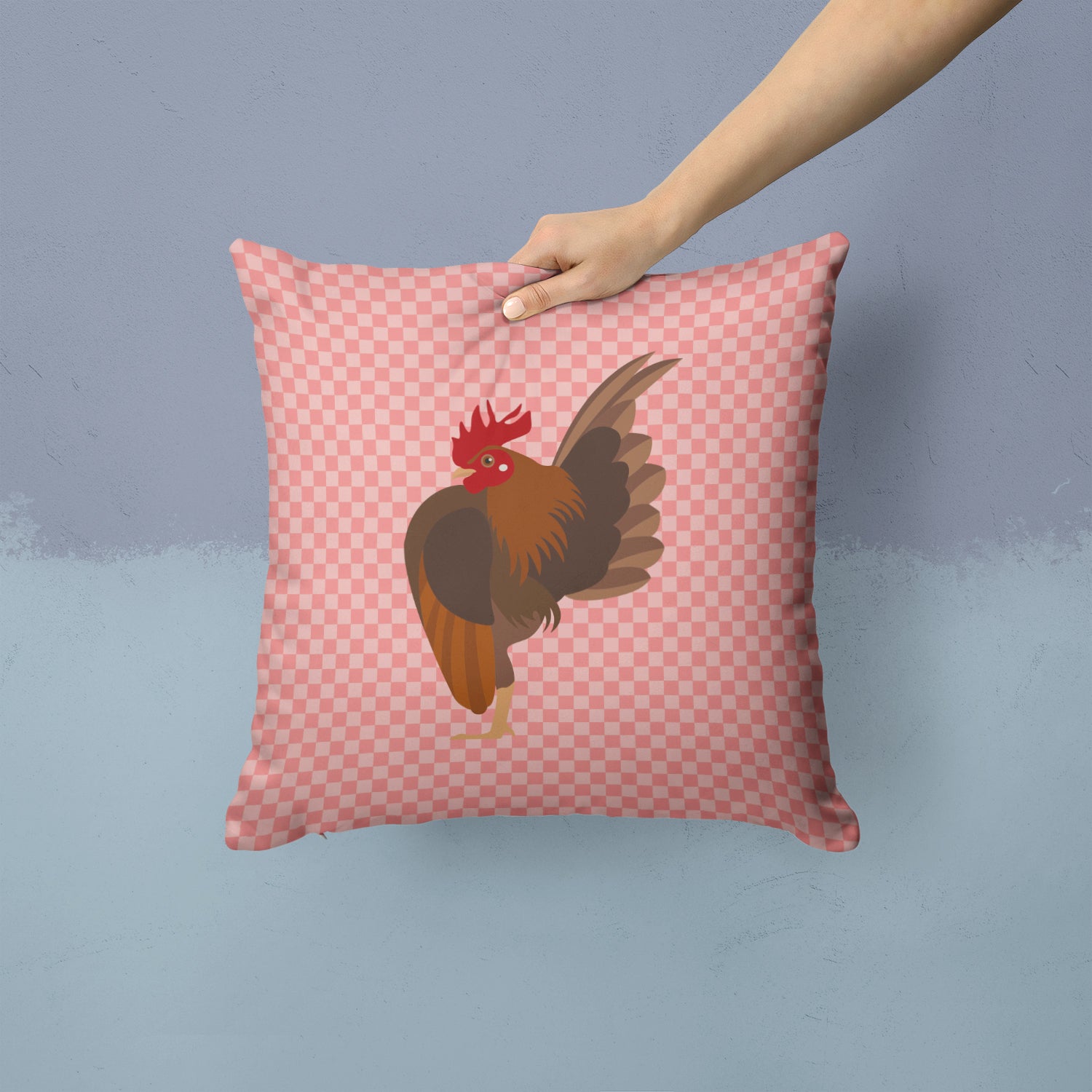 Malaysian Serama Chicken Pink Check Fabric Decorative Pillow BB7842PW1414 - the-store.com