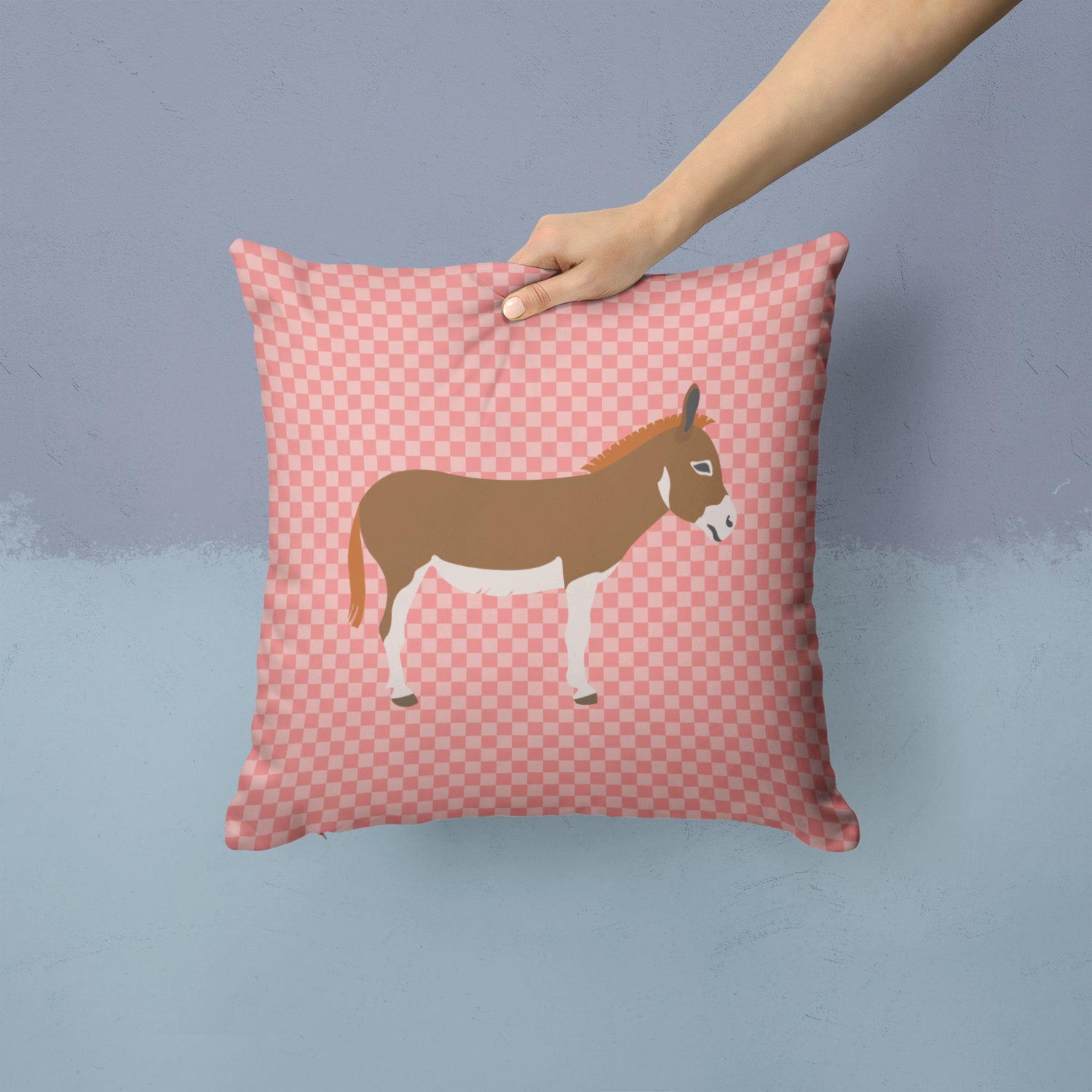 Miniature Mediterranian Donkey Pink Check Fabric Decorative Pillow BB7847PW1414 - the-store.com