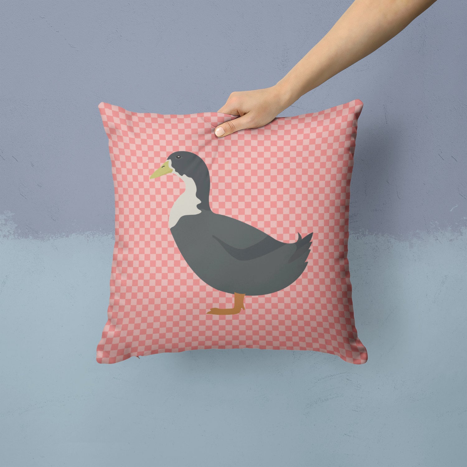 Blue Swedish Duck Pink Check Fabric Decorative Pillow BB7862PW1414 - the-store.com