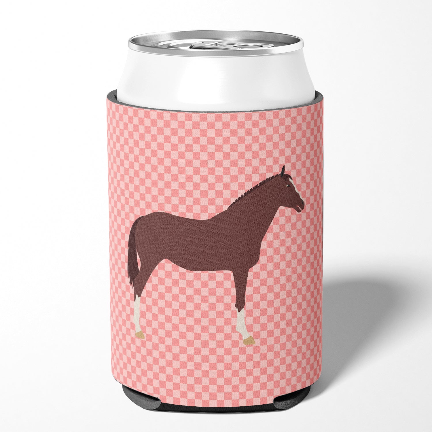 English Thoroughbred Horse Pink Check Can or Bottle Hugger BB7913CC