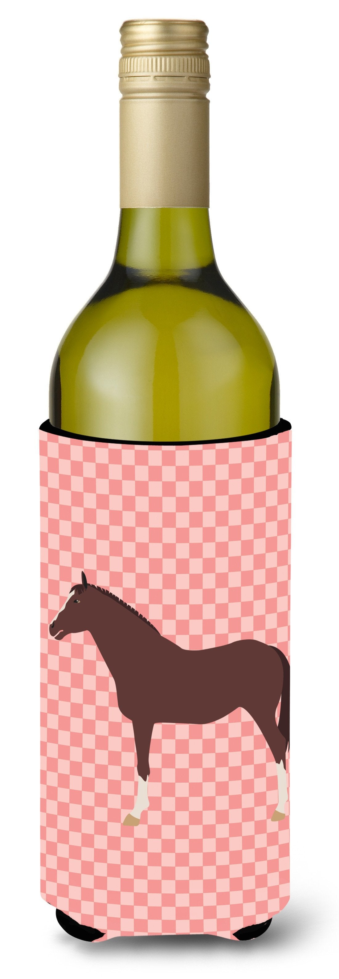 English Thoroughbred Horse Pink Check Wine Bottle Beverge Insulator Hugger BB7913LITERK by Caroline's Treasures