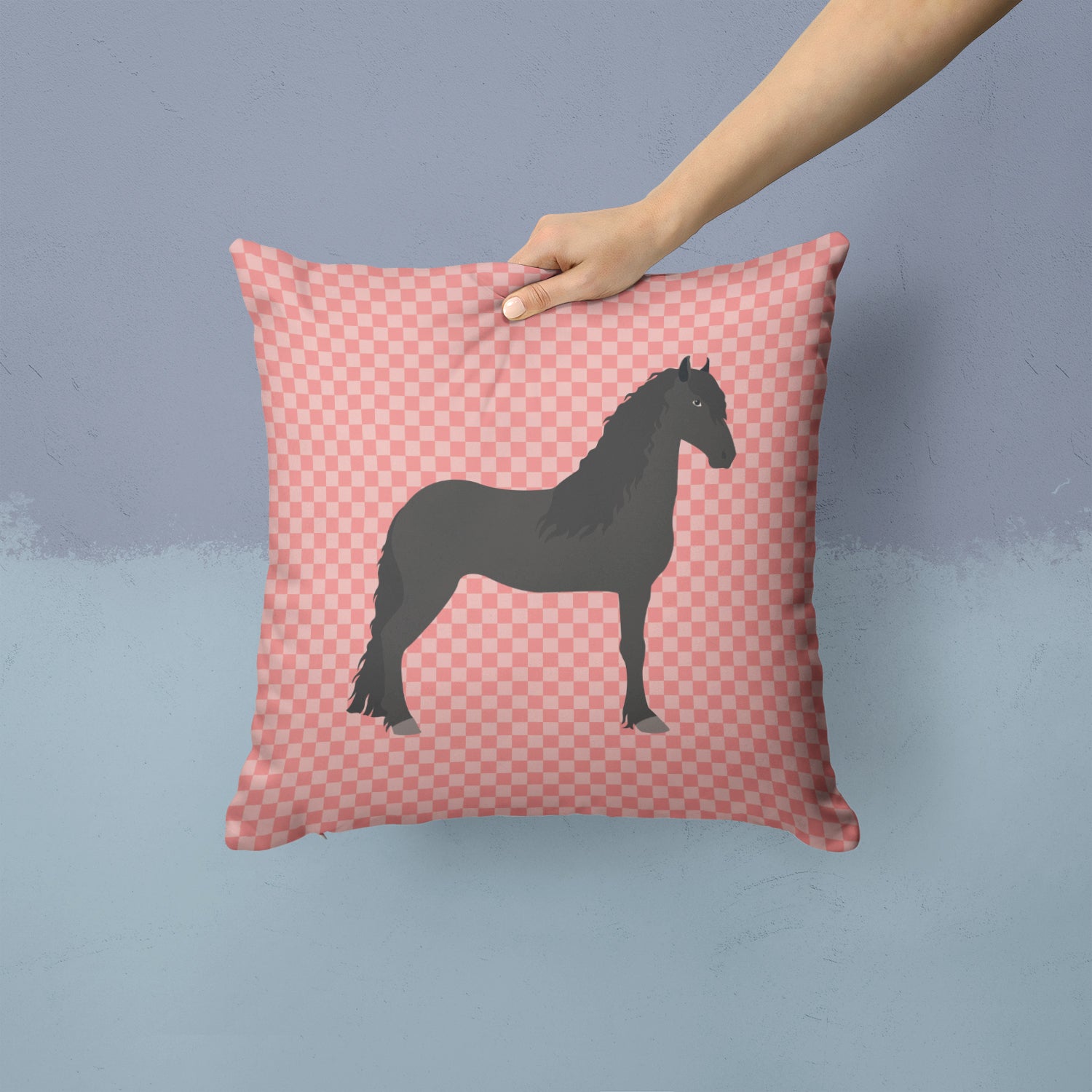 Friesian Horse Pink Check Fabric Decorative Pillow BB7915PW1414 - the-store.com