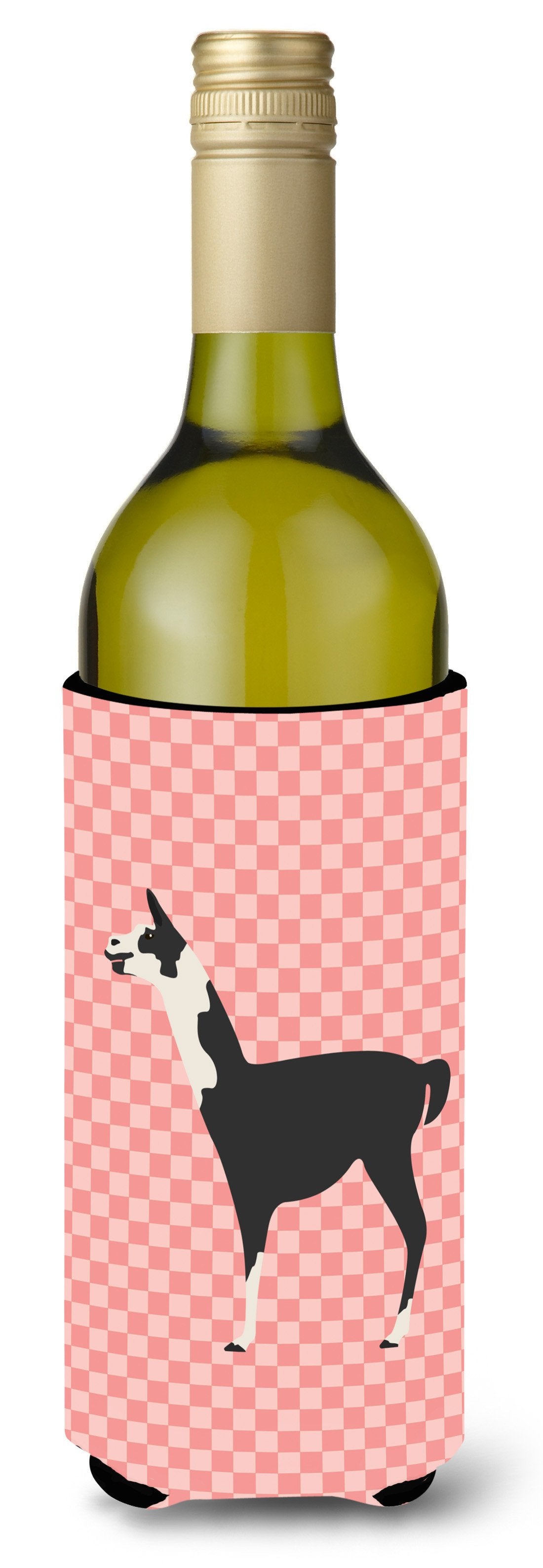 Llama Q' Ara Pink Check Wine Bottle Beverge Insulator Hugger BB7918LITERK by Caroline's Treasures