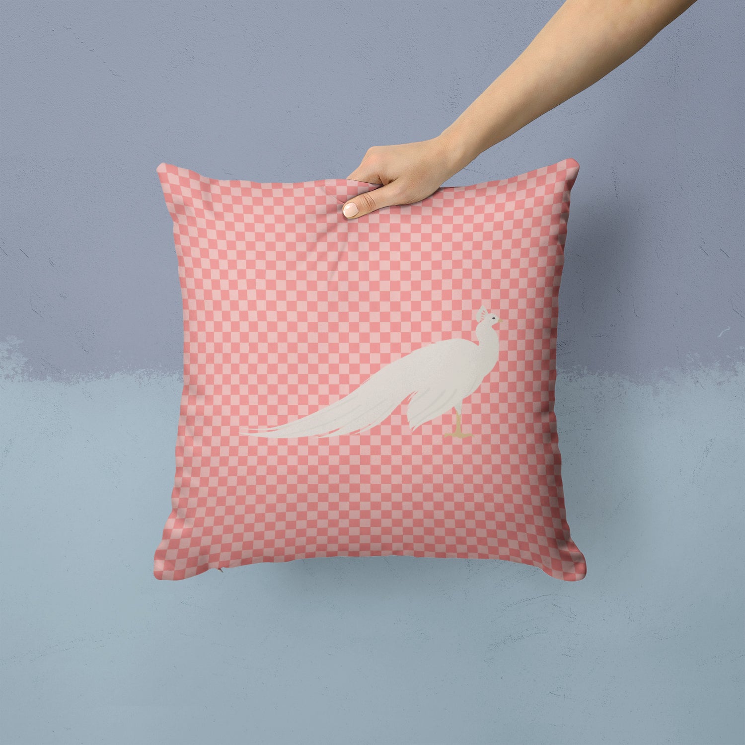 White Peacock Peafowl Pink Check Fabric Decorative Pillow BB7926PW1414 - the-store.com
