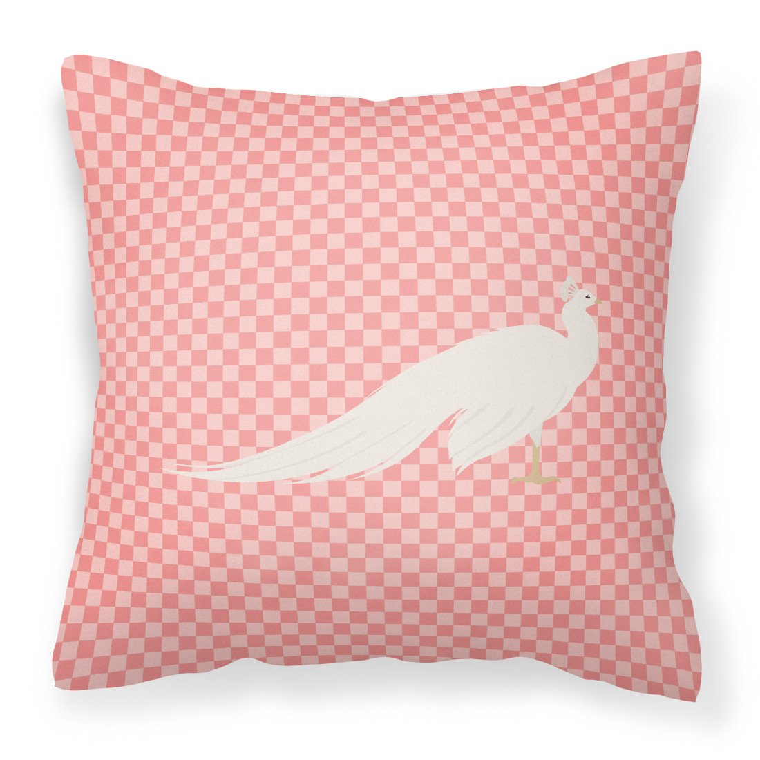 White Peacock Peafowl Pink Check Fabric Decorative Pillow BB7926PW1818 by Caroline's Treasures